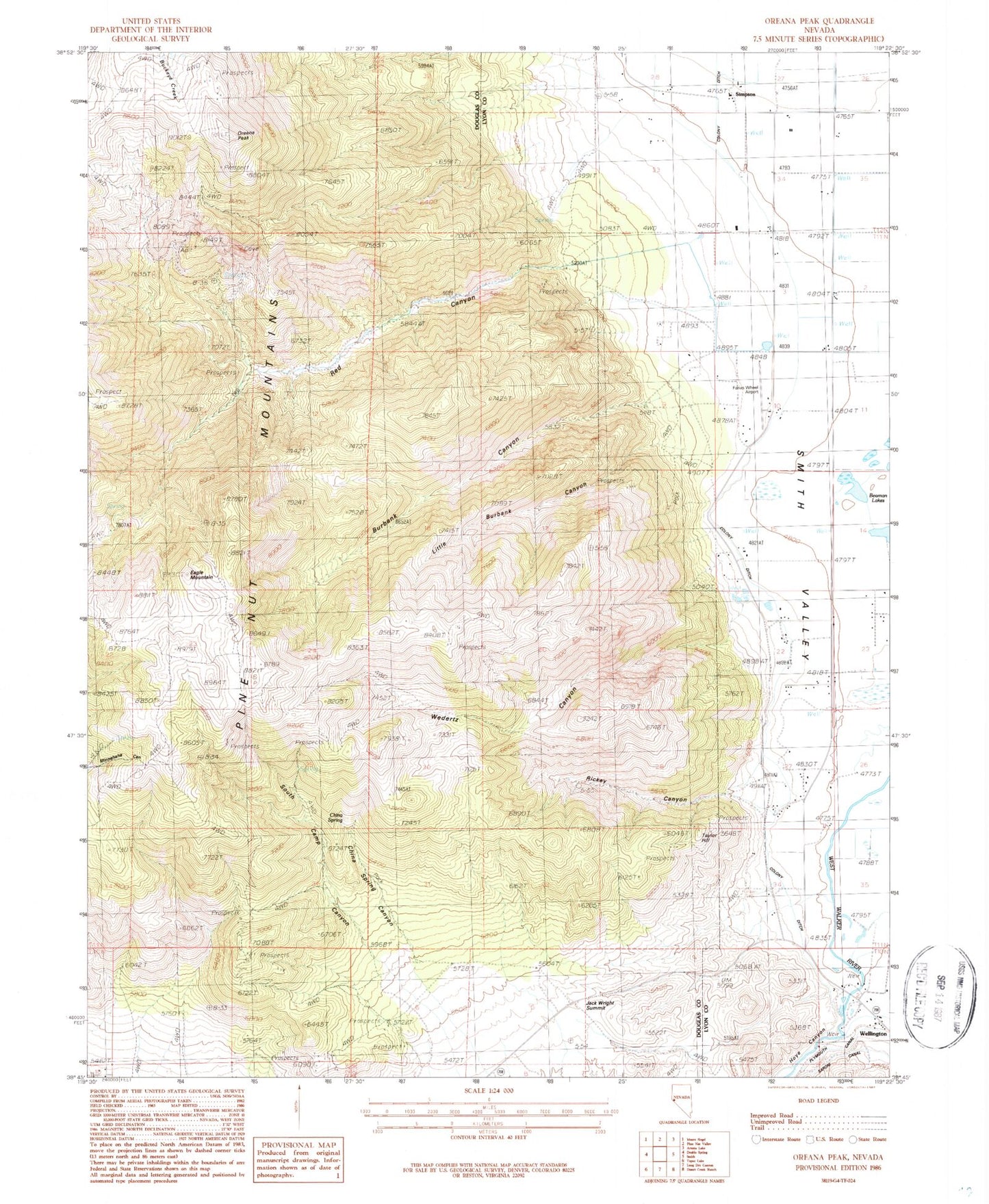 Classic USGS Oreana Peak Nevada 7.5'x7.5' Topo Map Image