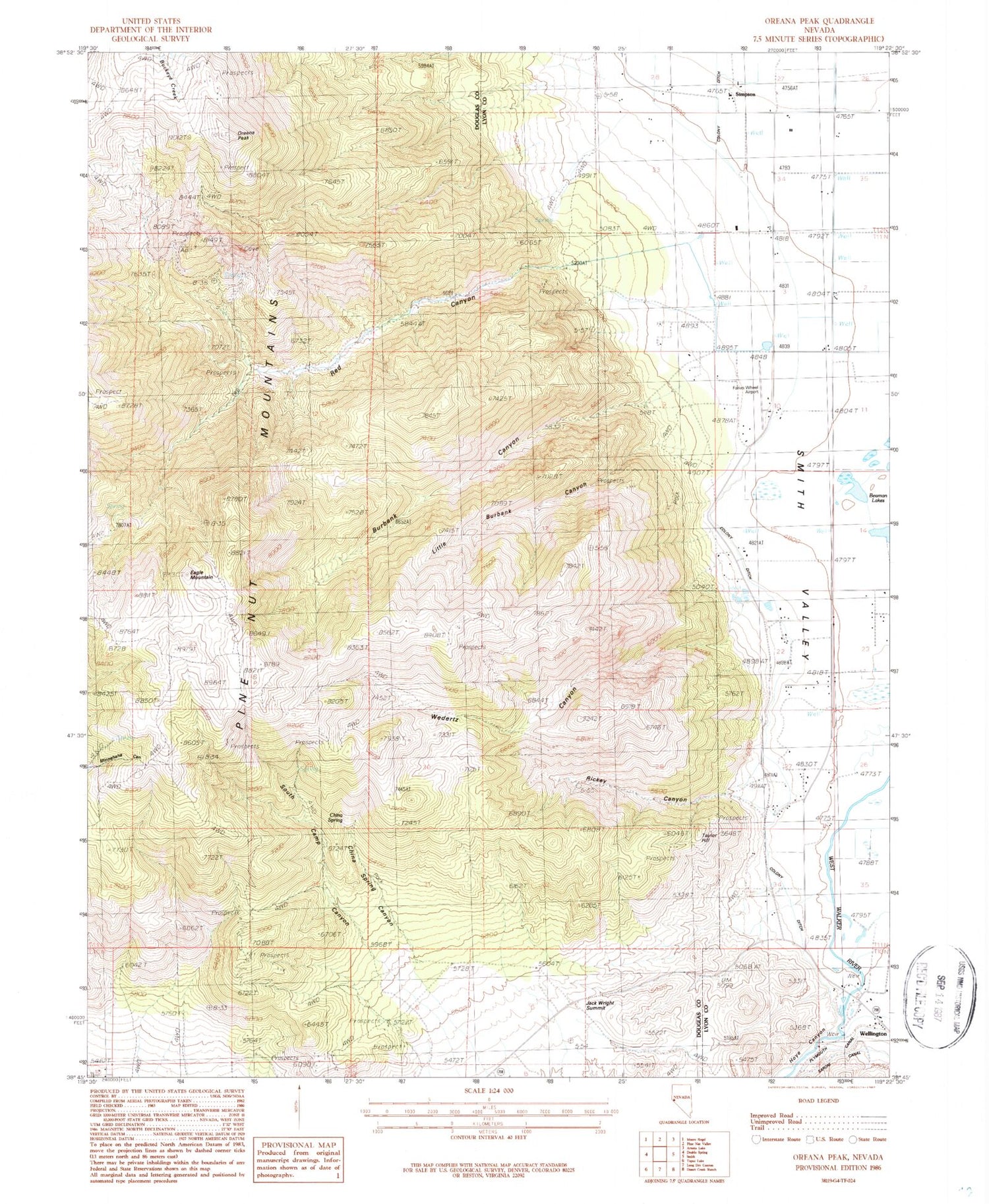 Classic USGS Oreana Peak Nevada 7.5'x7.5' Topo Map Image
