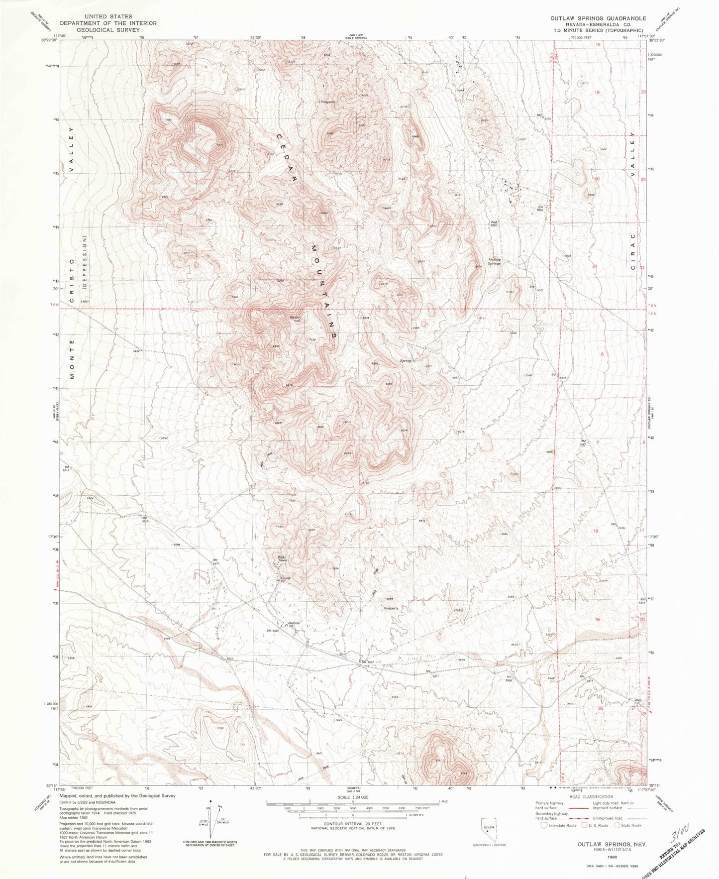 Classic USGS Outlaw Springs Nevada 7.5'x7.5' Topo Map Image