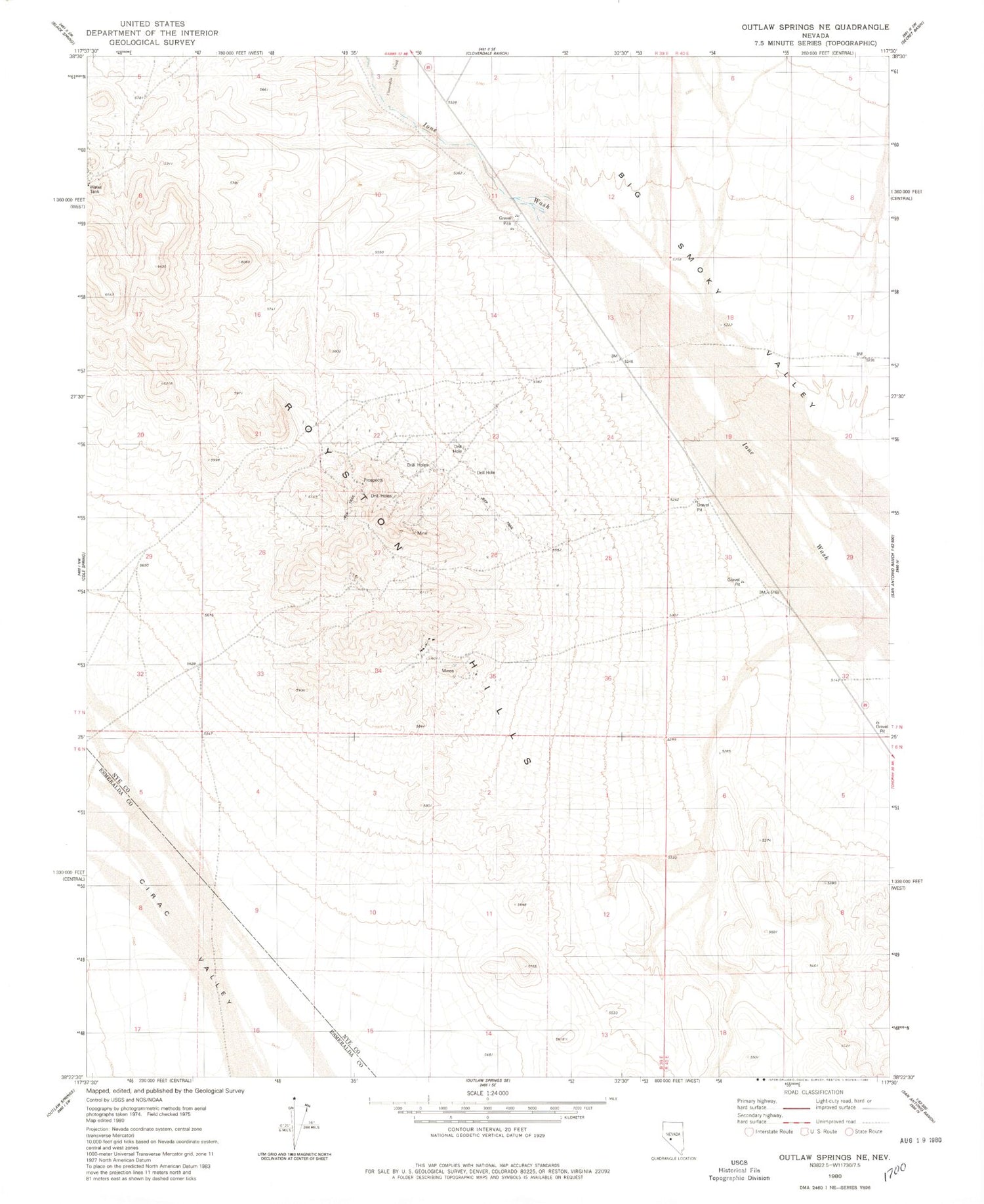 Classic USGS Outlaw Springs NE Nevada 7.5'x7.5' Topo Map Image