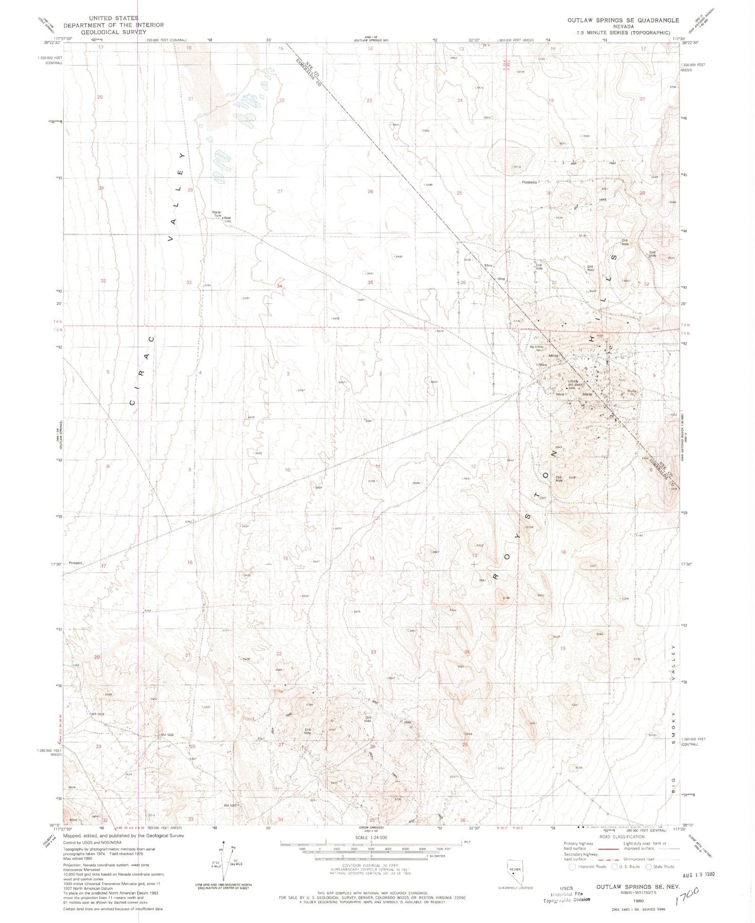 Classic USGS Outlaw Springs SE Nevada 7.5'x7.5' Topo Map Image