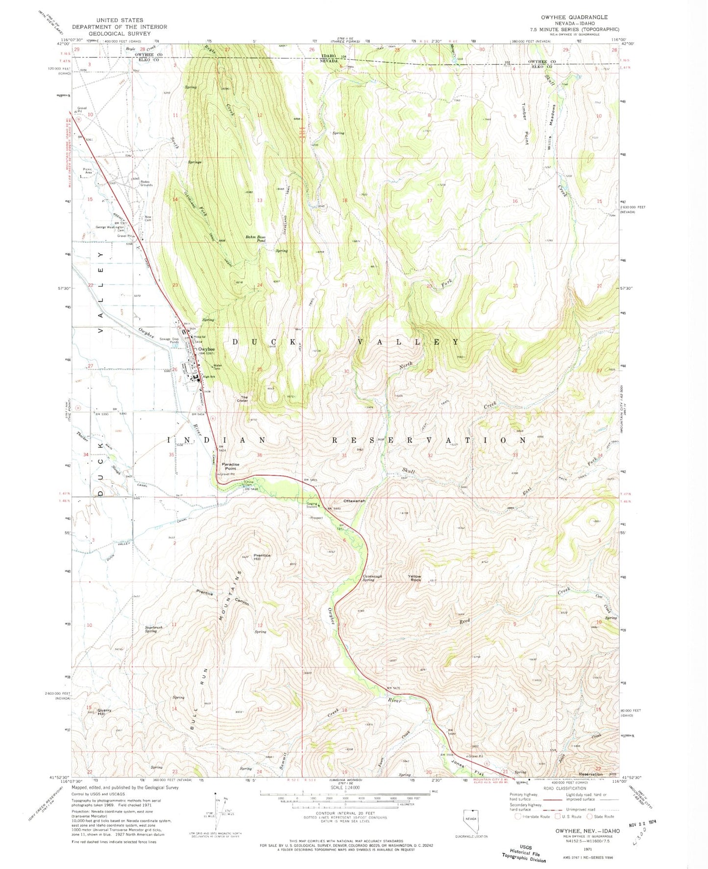 Classic USGS Owyhee Nevada 7.5'x7.5' Topo Map Image