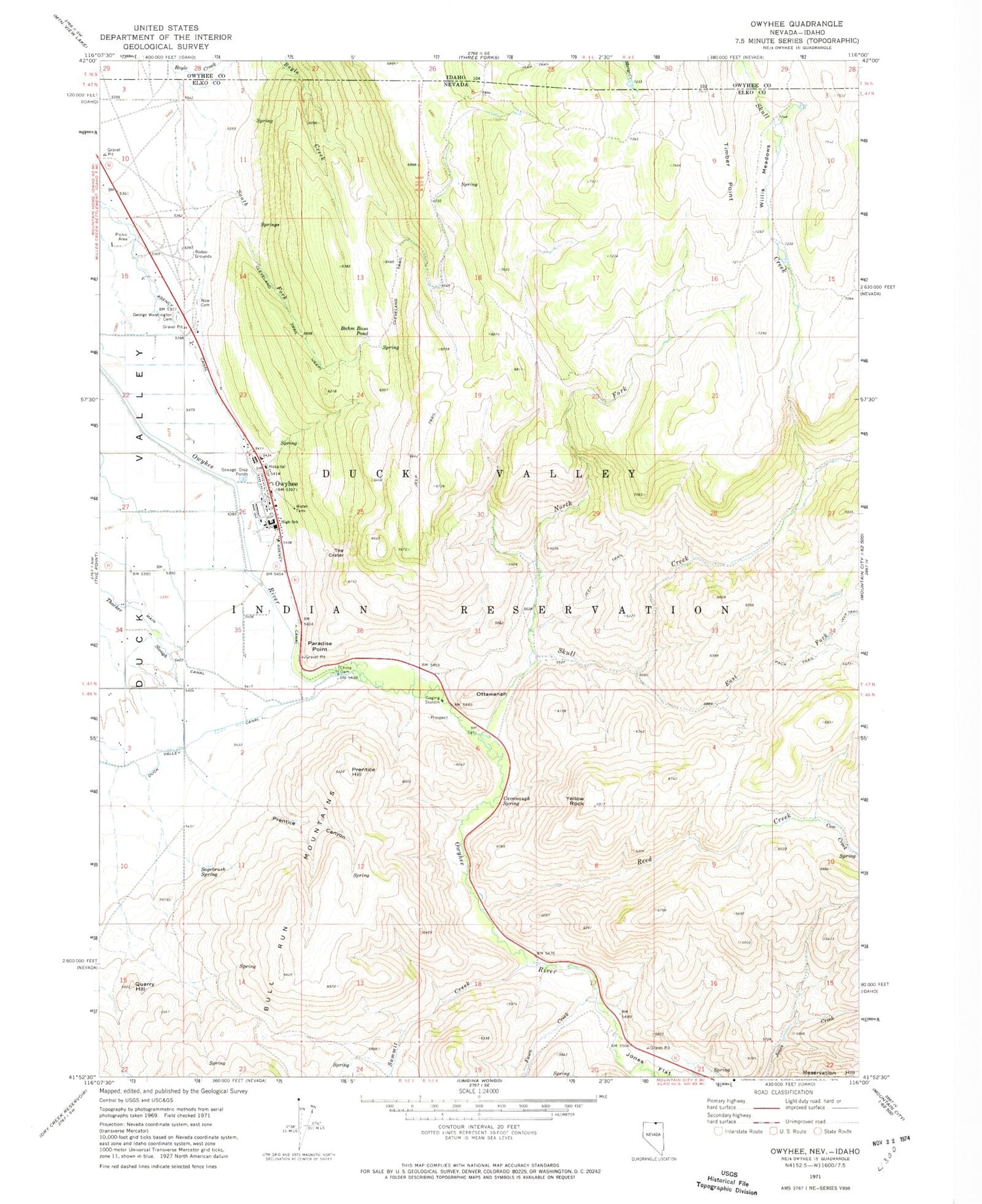 Classic USGS Owyhee Nevada 7.5'x7.5' Topo Map Image