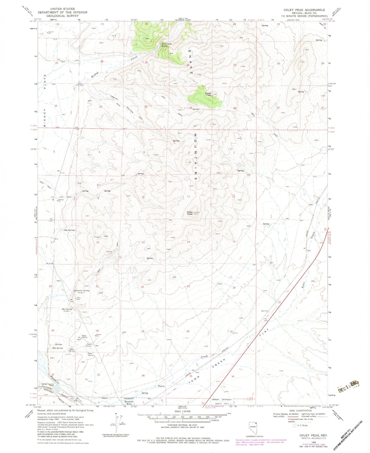 Classic USGS Oxley Peak Nevada 7.5'x7.5' Topo Map Image