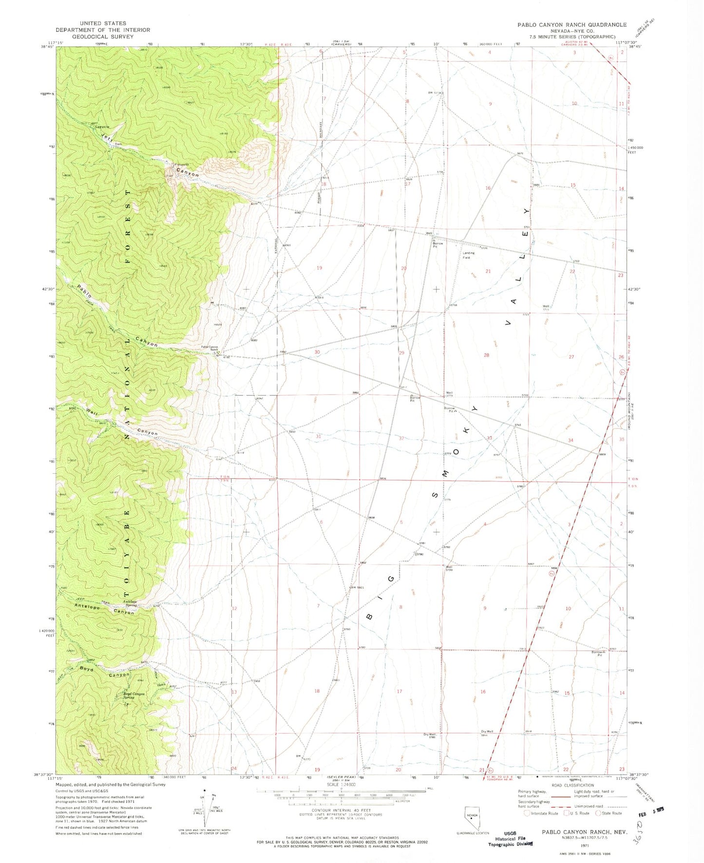 Classic USGS Pablo Canyon Ranch Nevada 7.5'x7.5' Topo Map Image