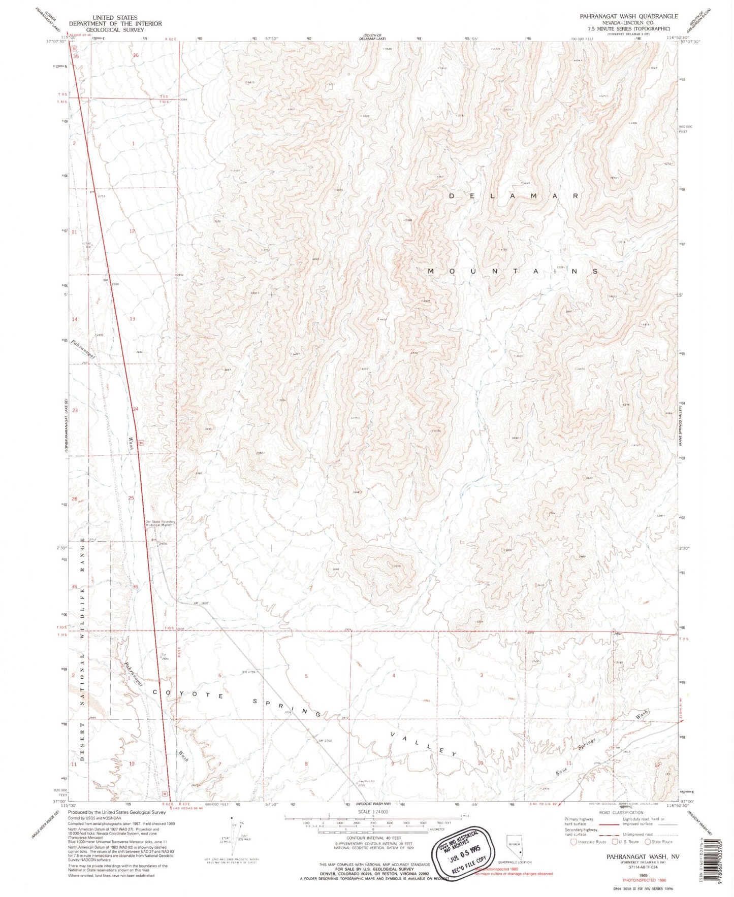 Classic USGS Pahranagat Wash Nevada 7.5'x7.5' Topo Map Image