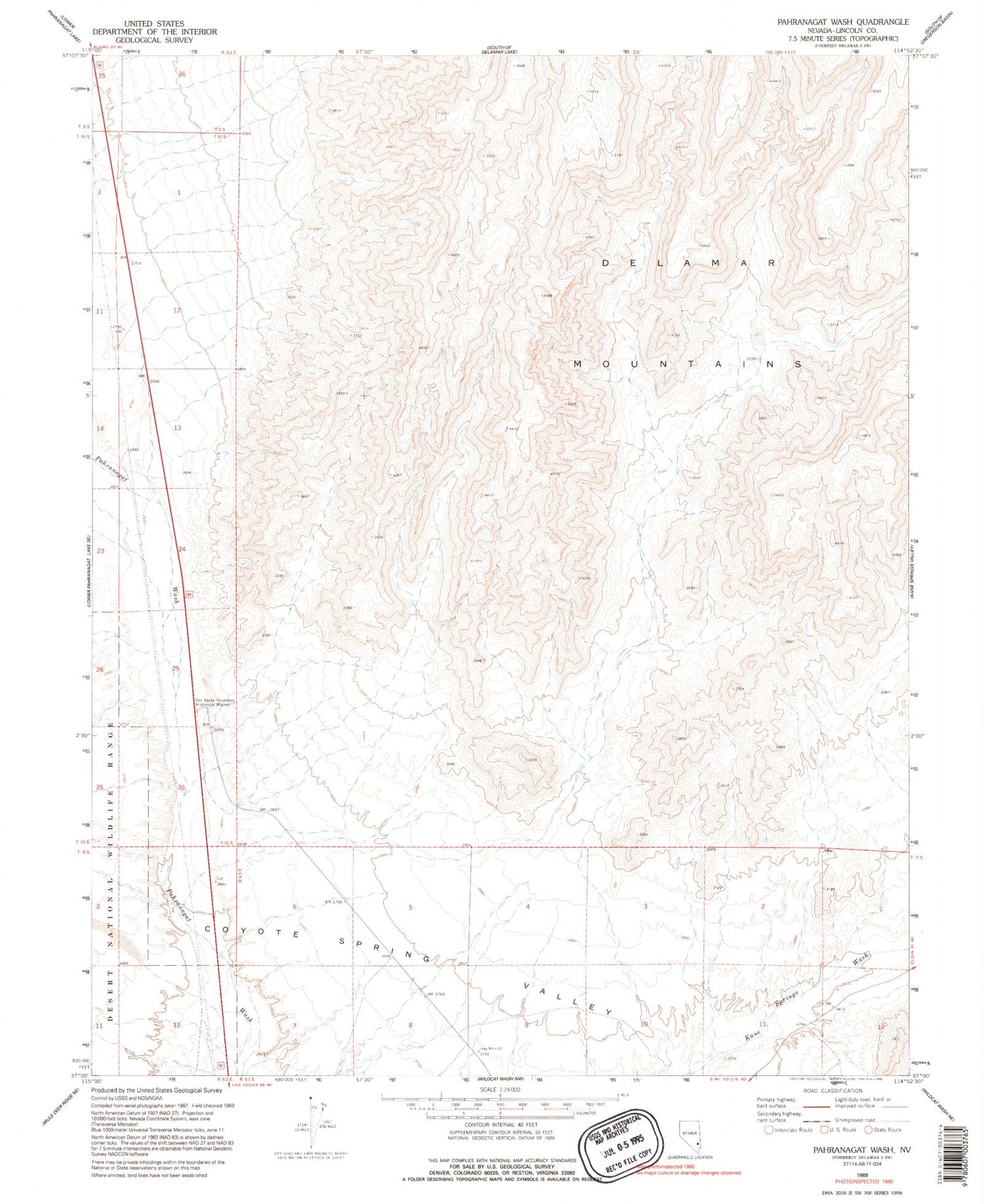 Classic USGS Pahranagat Wash Nevada 7.5'x7.5' Topo Map Image