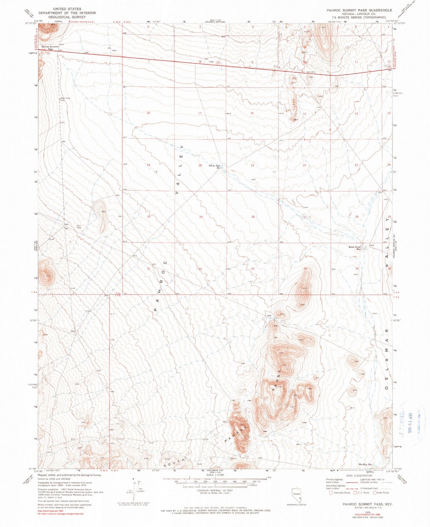 Classic USGS Pahroc Summit Pass Nevada 7.5'x7.5' Topo Map Image