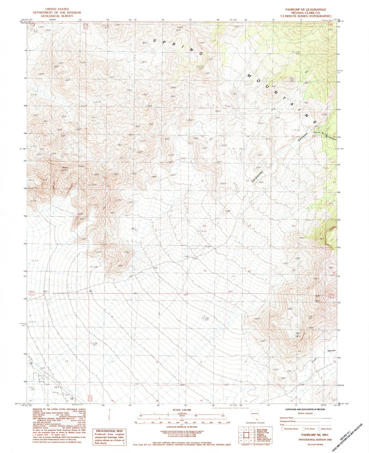 Classic USGS Pahrump NE Nevada 7.5'x7.5' Topo Map Image