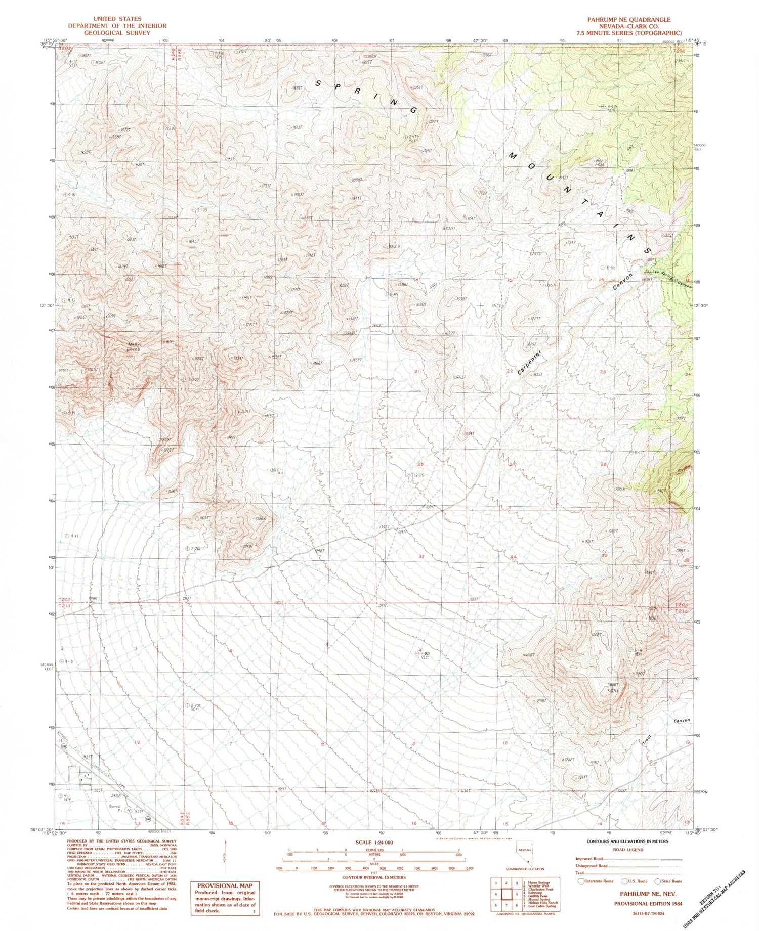 Classic USGS Pahrump NE Nevada 7.5'x7.5' Topo Map Image