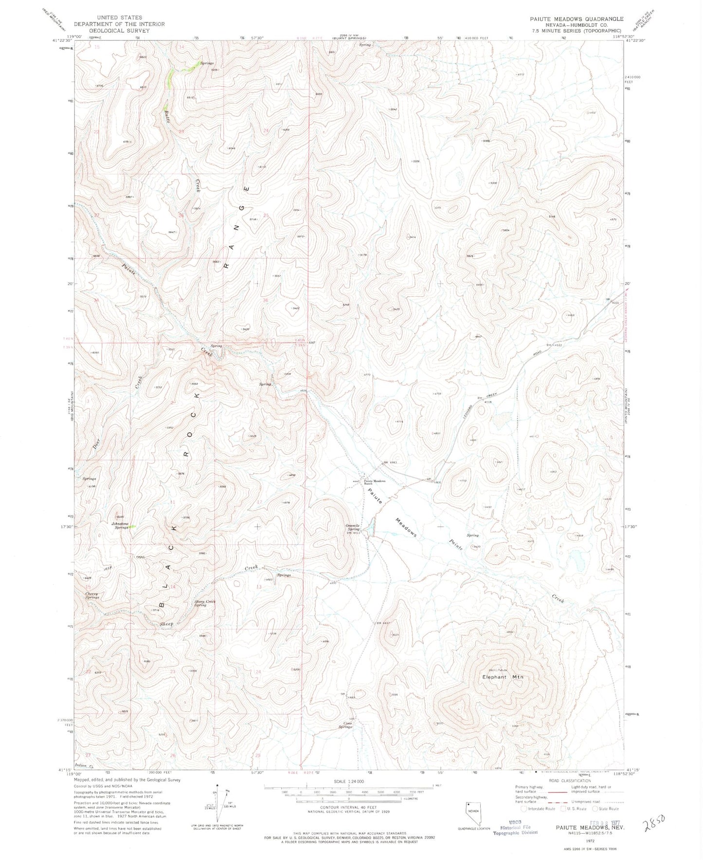 Classic USGS Paiute Meadows Nevada 7.5'x7.5' Topo Map Image