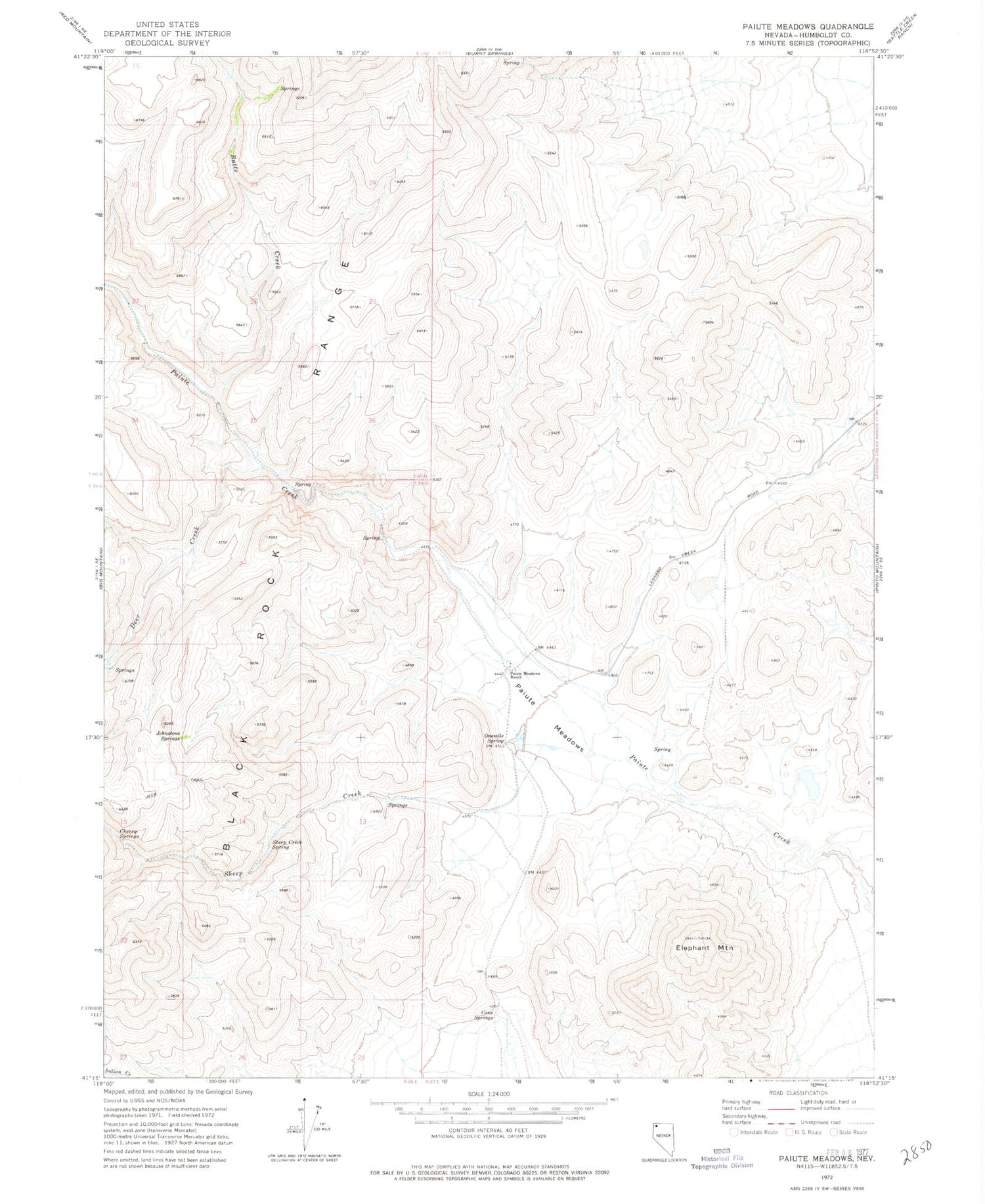 Classic USGS Paiute Meadows Nevada 7.5'x7.5' Topo Map Image