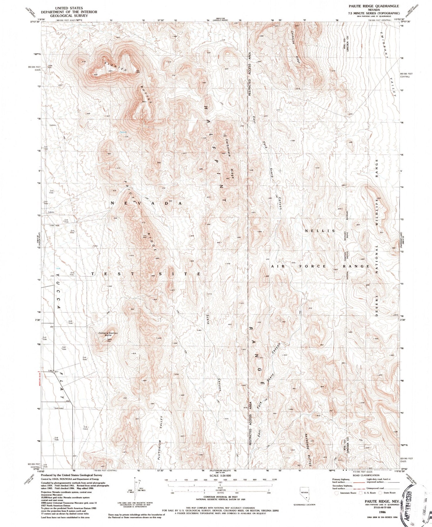 Classic USGS Paiute Ridge Nevada 7.5'x7.5' Topo Map Image