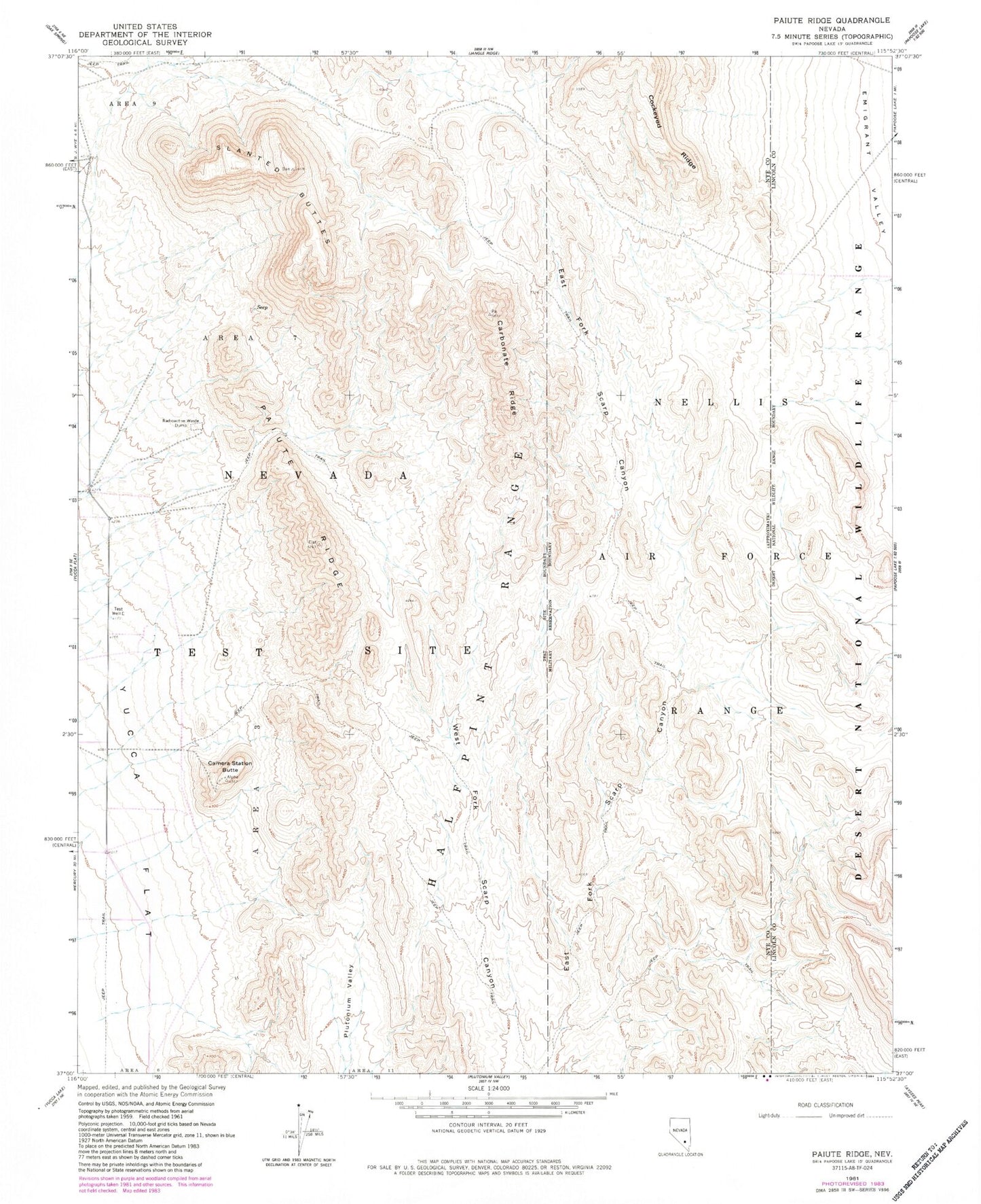 Classic USGS Paiute Ridge Nevada 7.5'x7.5' Topo Map Image