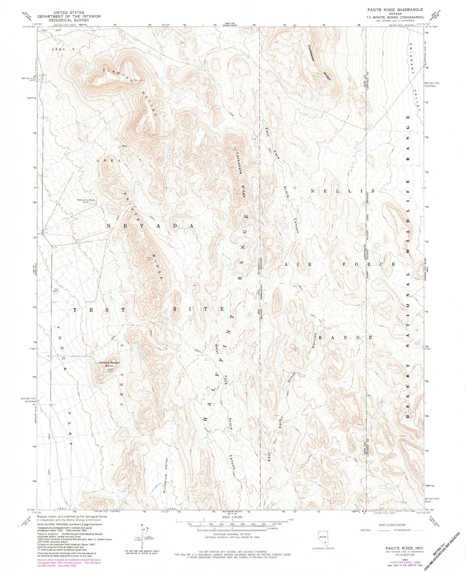 Classic USGS Paiute Ridge Nevada 7.5'x7.5' Topo Map Image