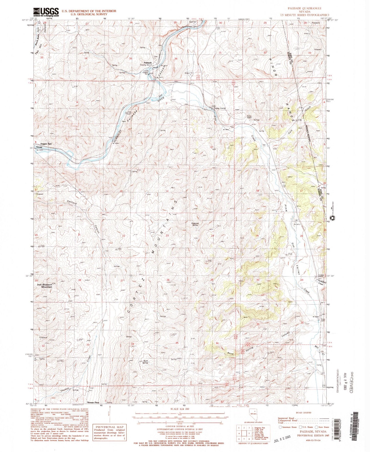 Classic USGS Palisade Nevada 7.5'x7.5' Topo Map Image