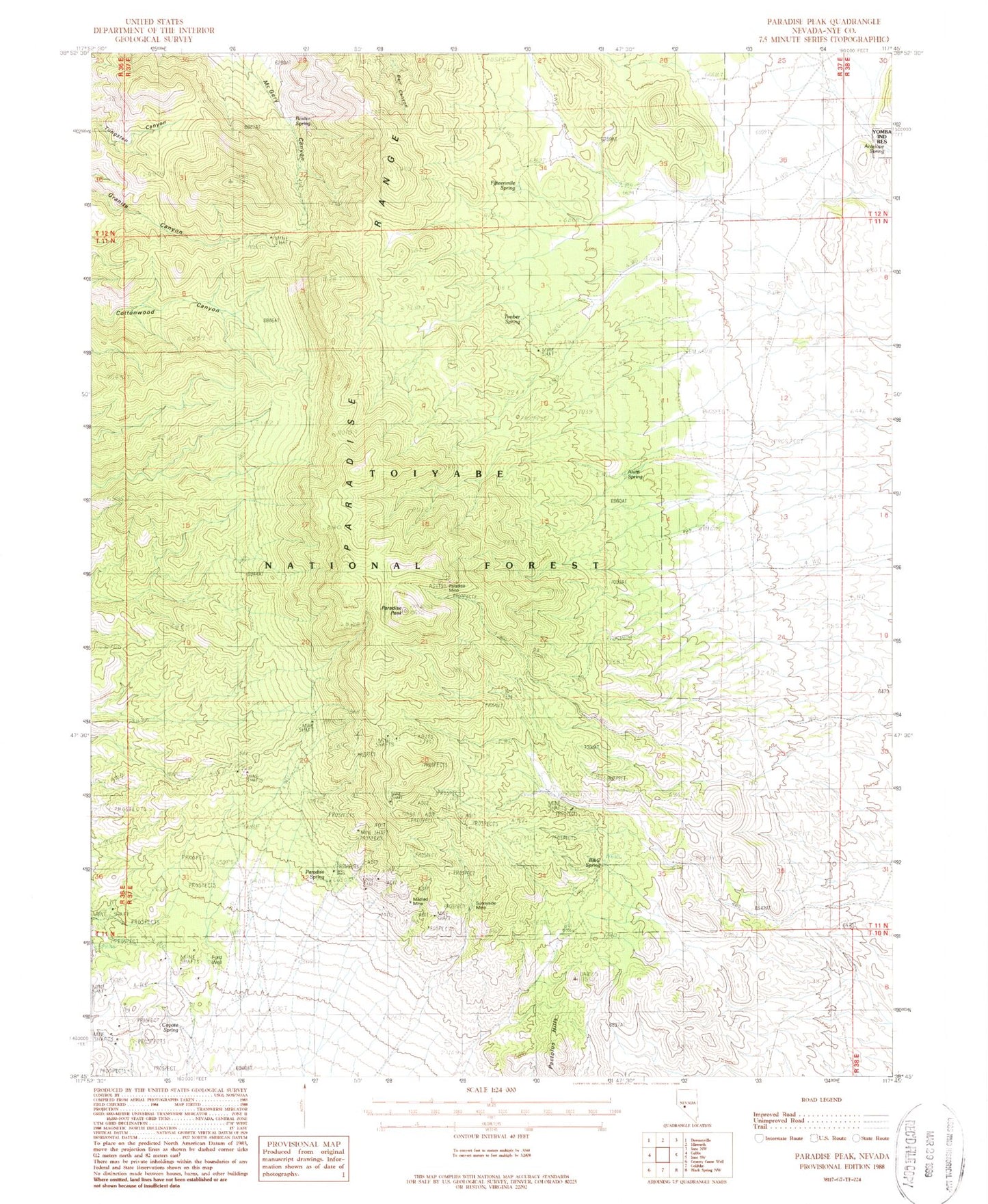 Classic USGS Paradise Peak Nevada 7.5'x7.5' Topo Map Image