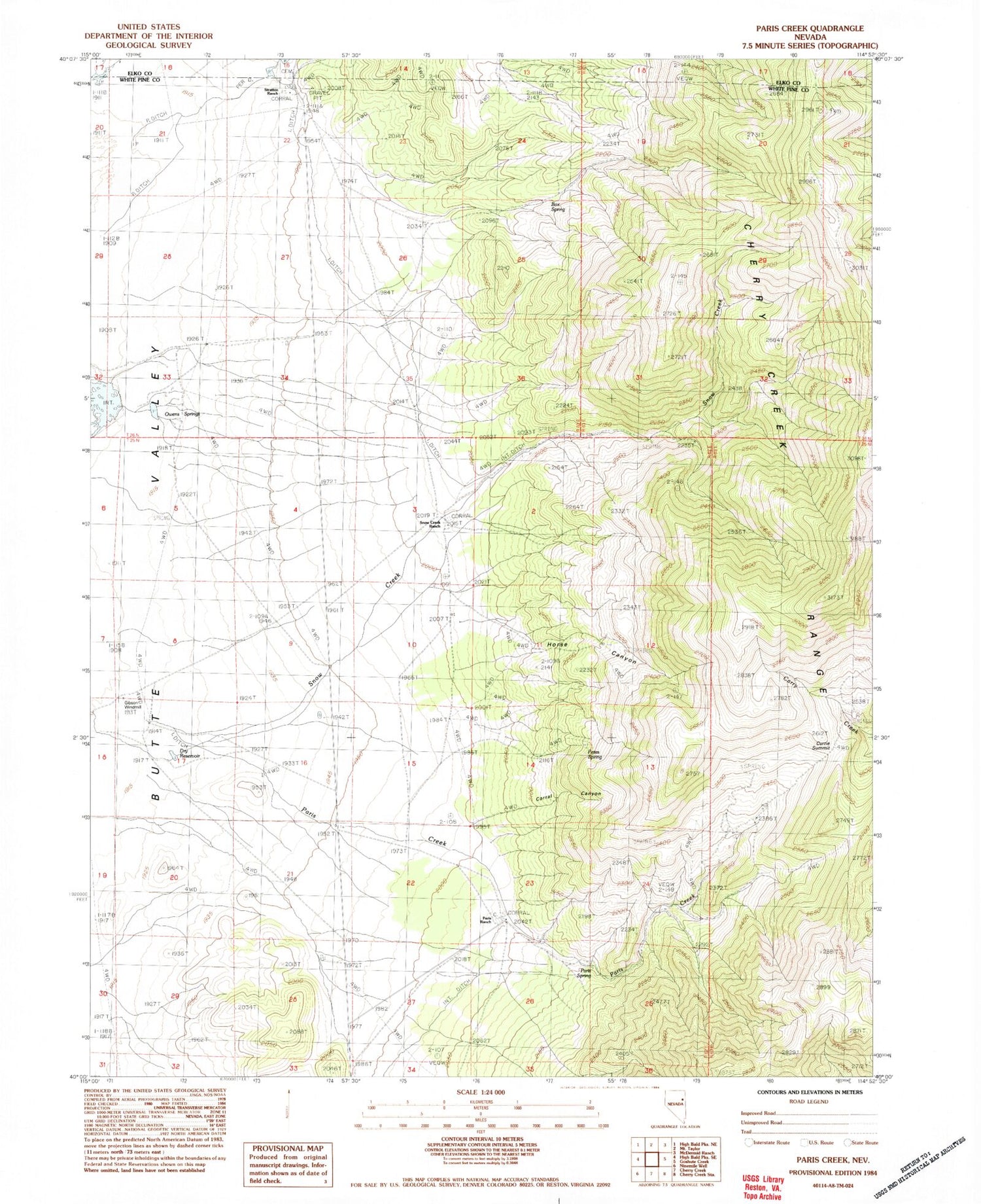 Classic USGS Paris Creek Nevada 7.5'x7.5' Topo Map Image