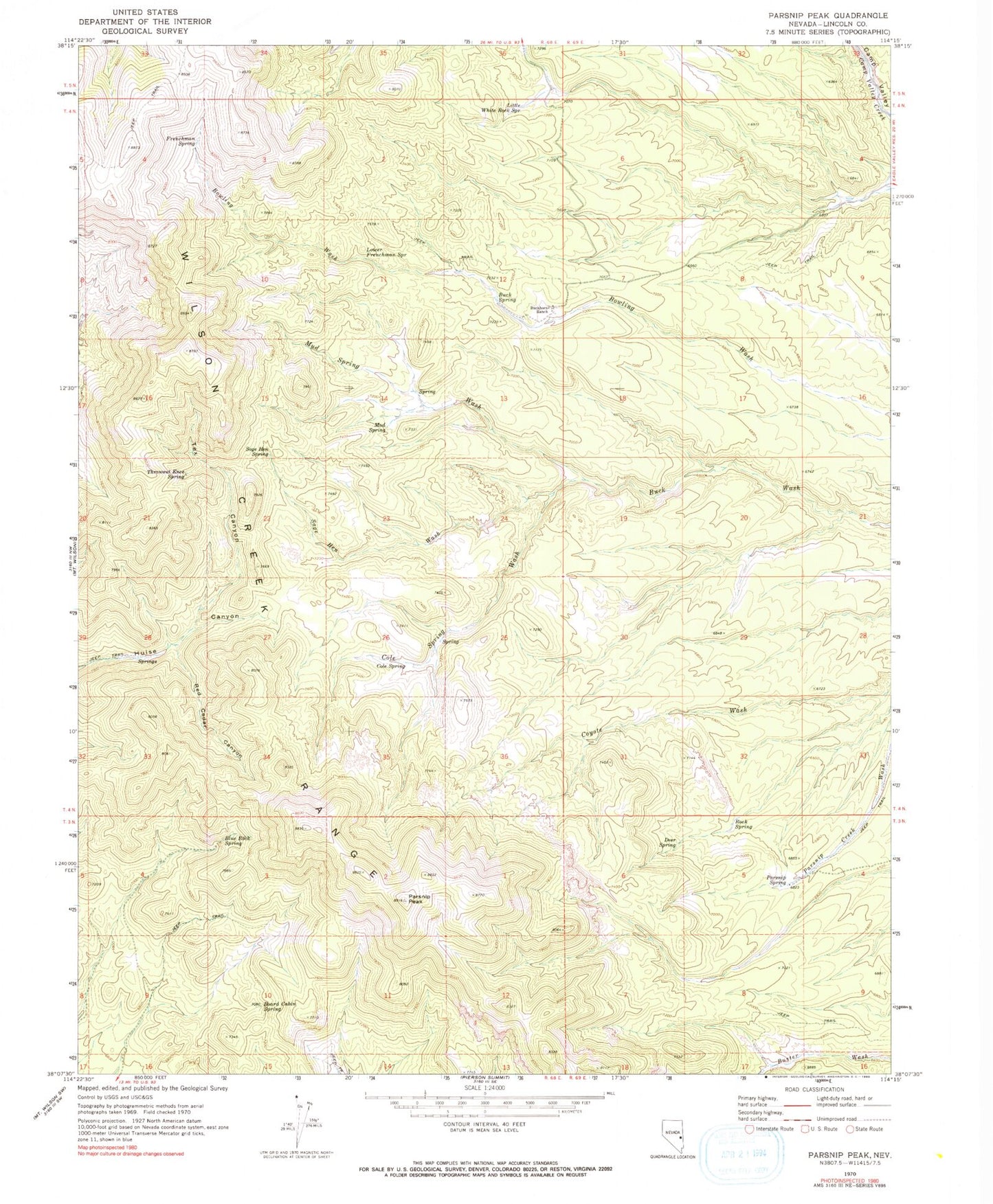 Classic USGS Parsnip Peak Nevada 7.5'x7.5' Topo Map Image