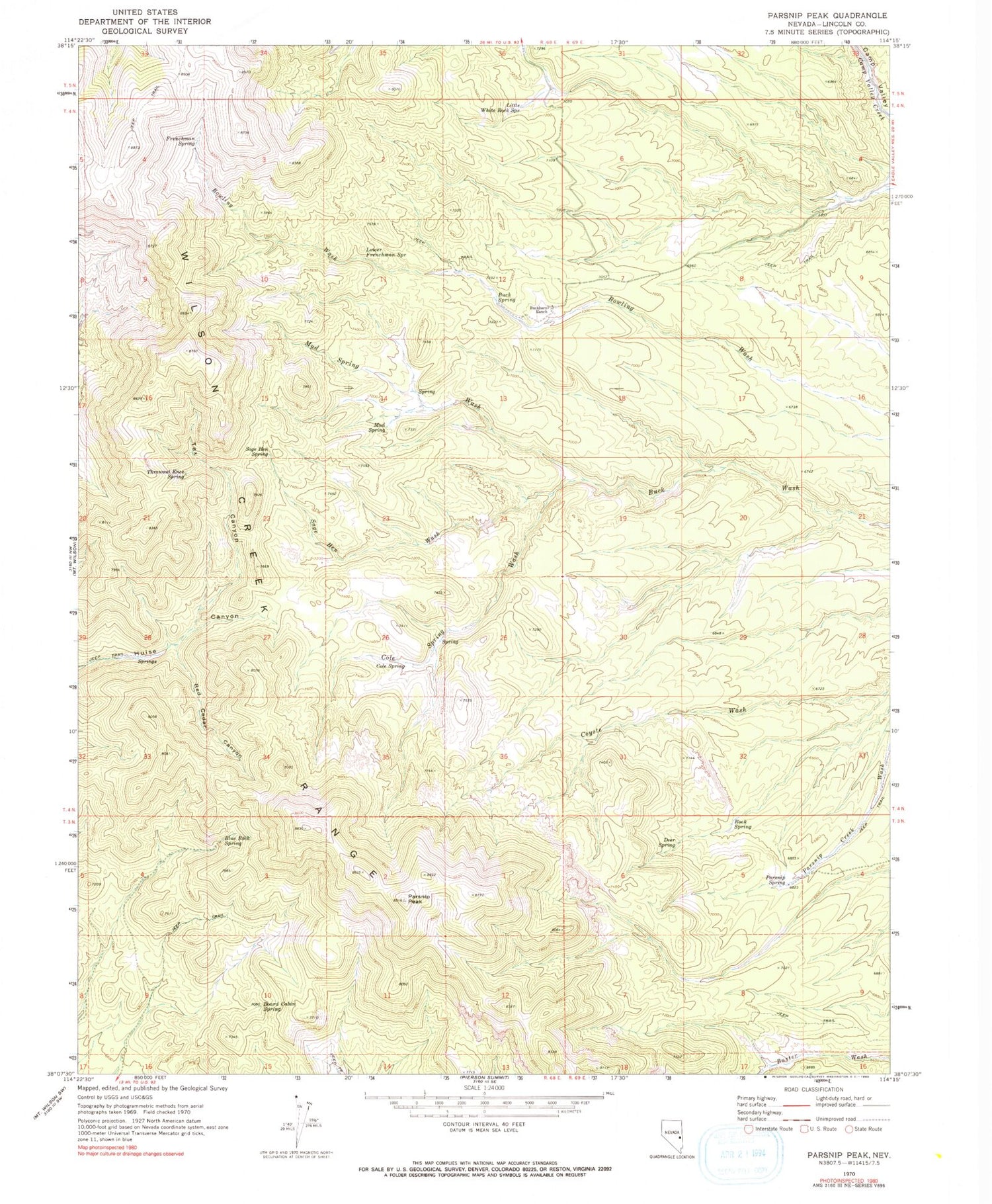 Classic USGS Parsnip Peak Nevada 7.5'x7.5' Topo Map Image