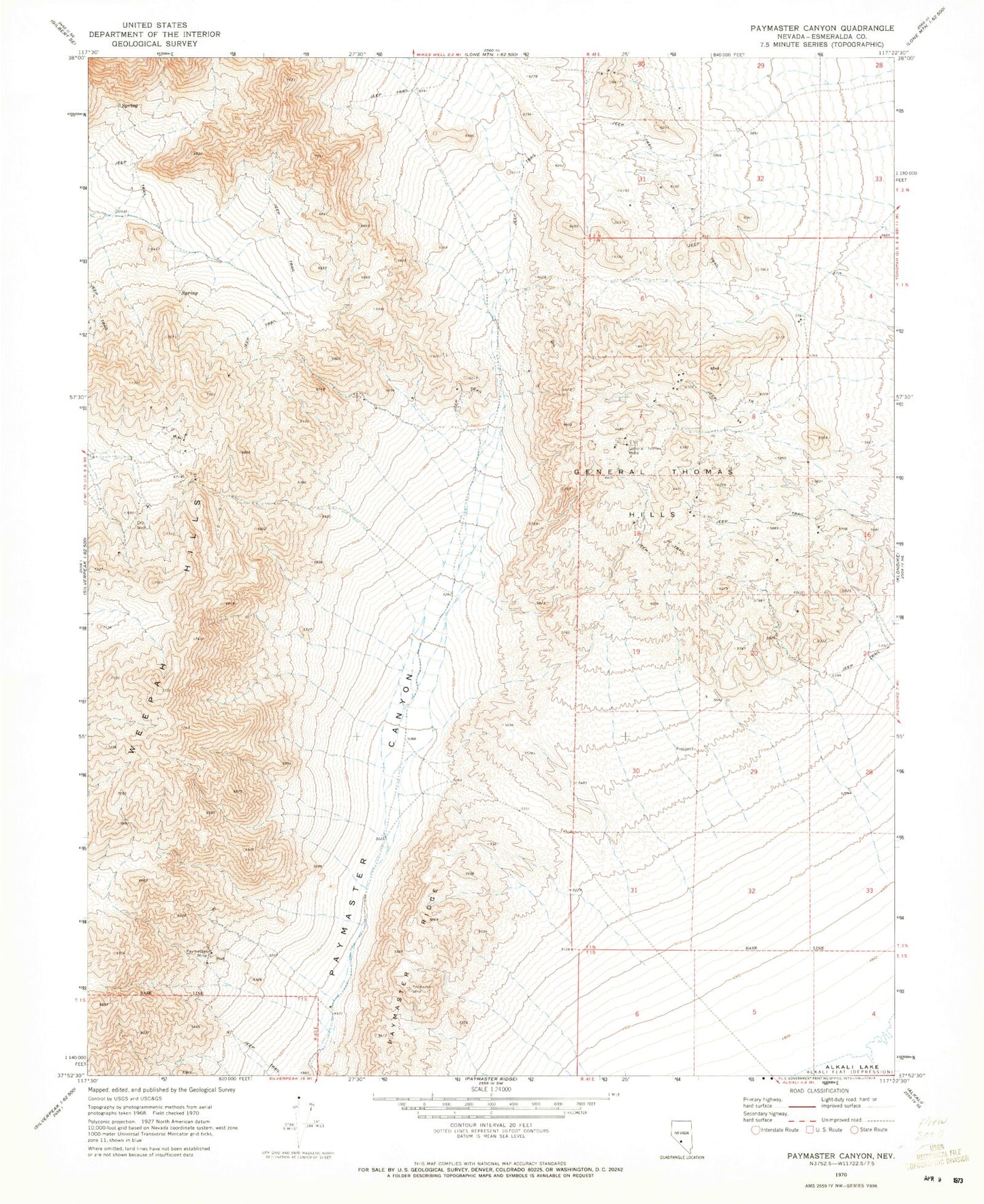 Classic USGS Paymaster Canyon Nevada 7.5'x7.5' Topo Map Image