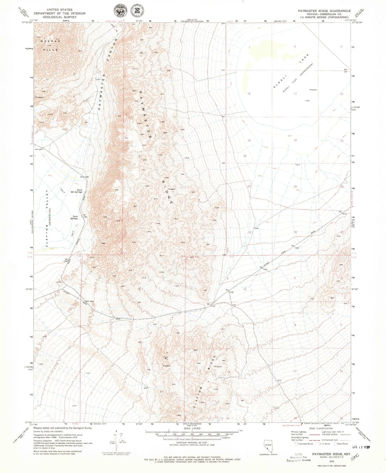 Classic USGS Paymaster Ridge Nevada 7.5'x7.5' Topo Map Image
