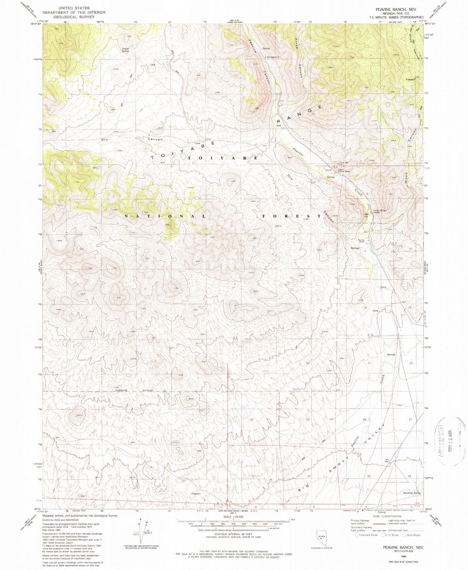 Classic USGS Peavine Ranch Nevada 7.5'x7.5' Topo Map Image