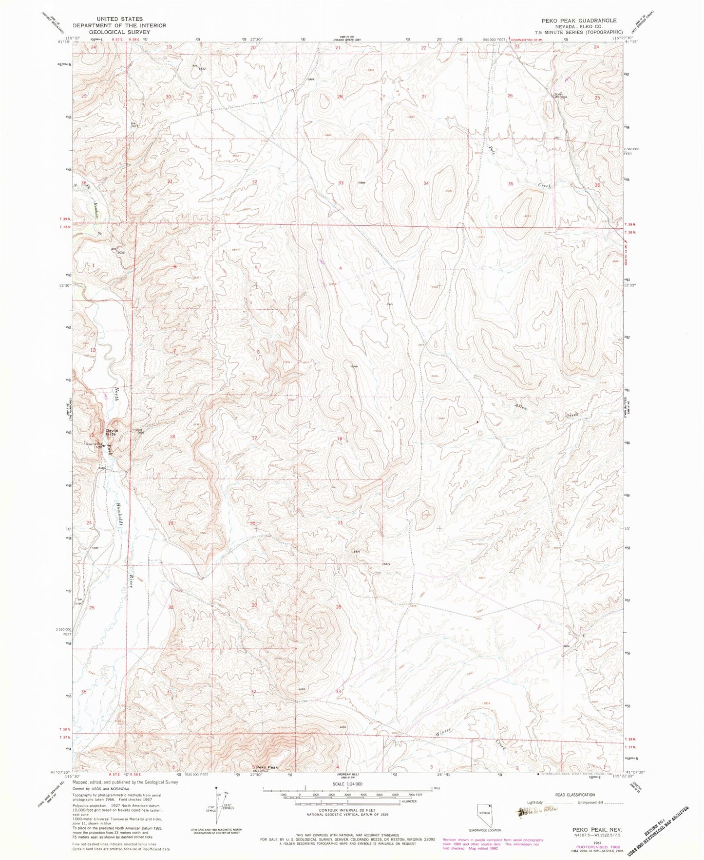 Classic USGS Peko Peak Nevada 7.5'x7.5' Topo Map Image