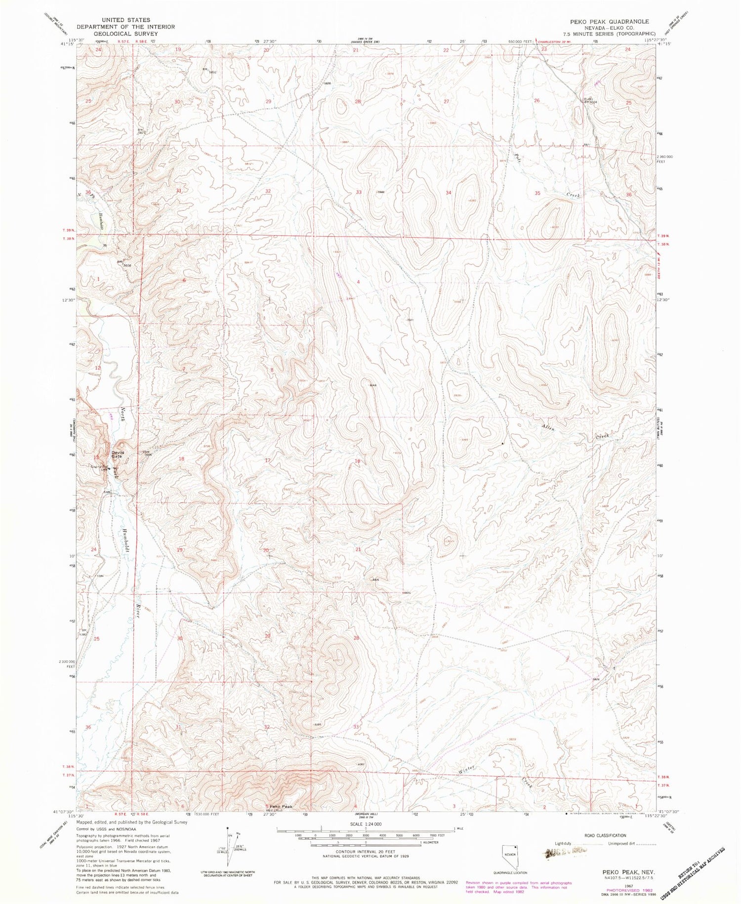 Classic USGS Peko Peak Nevada 7.5'x7.5' Topo Map Image