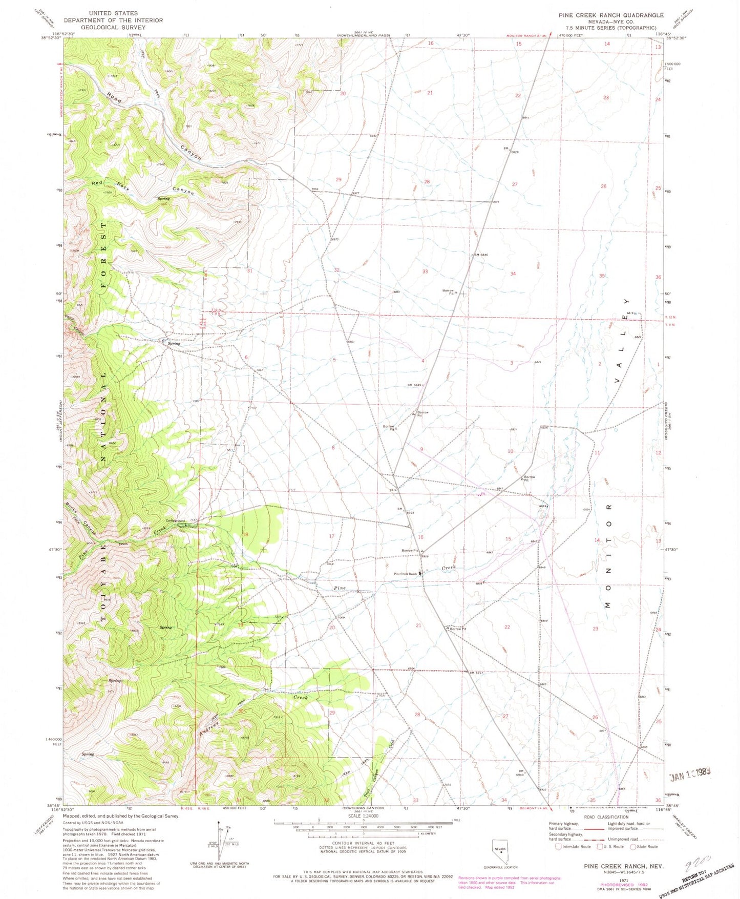 Classic USGS Pine Creek Ranch Nevada 7.5'x7.5' Topo Map Image