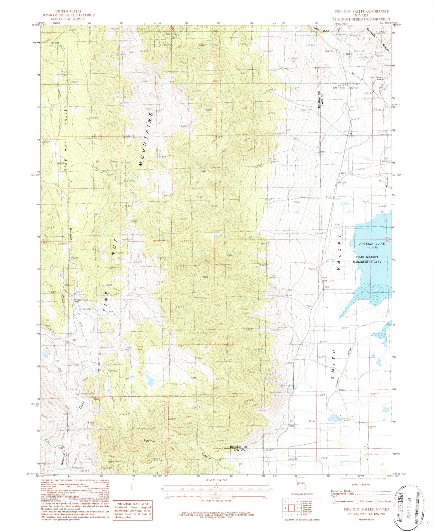 Classic USGS Pine Nut Valley Nevada 7.5'x7.5' Topo Map Image