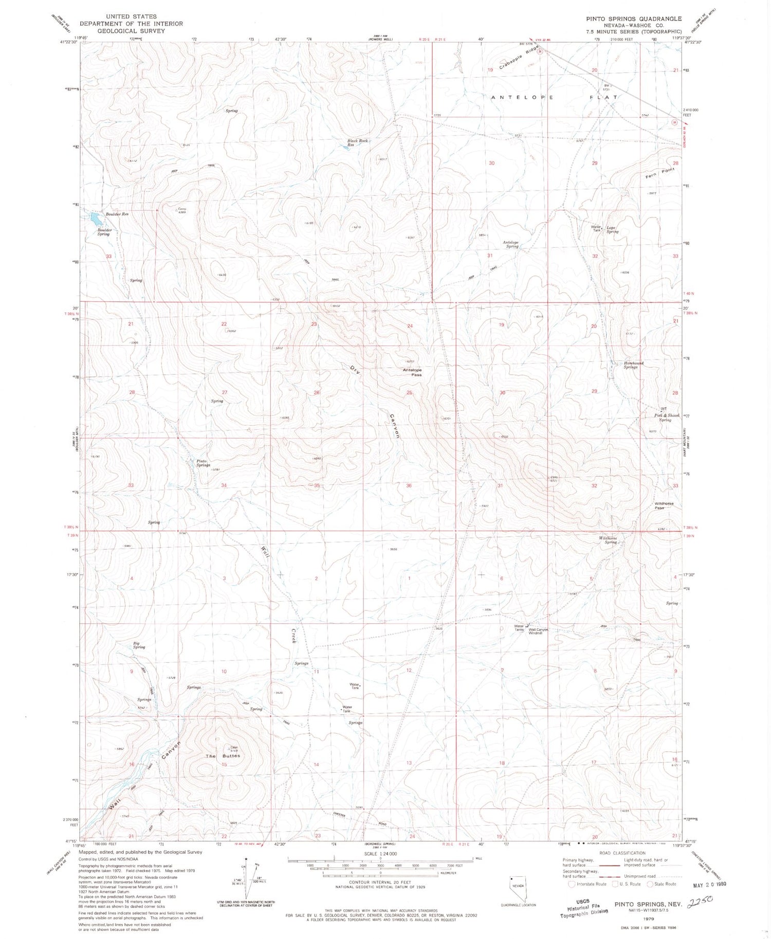Classic USGS Pinto Springs Nevada 7.5'x7.5' Topo Map Image