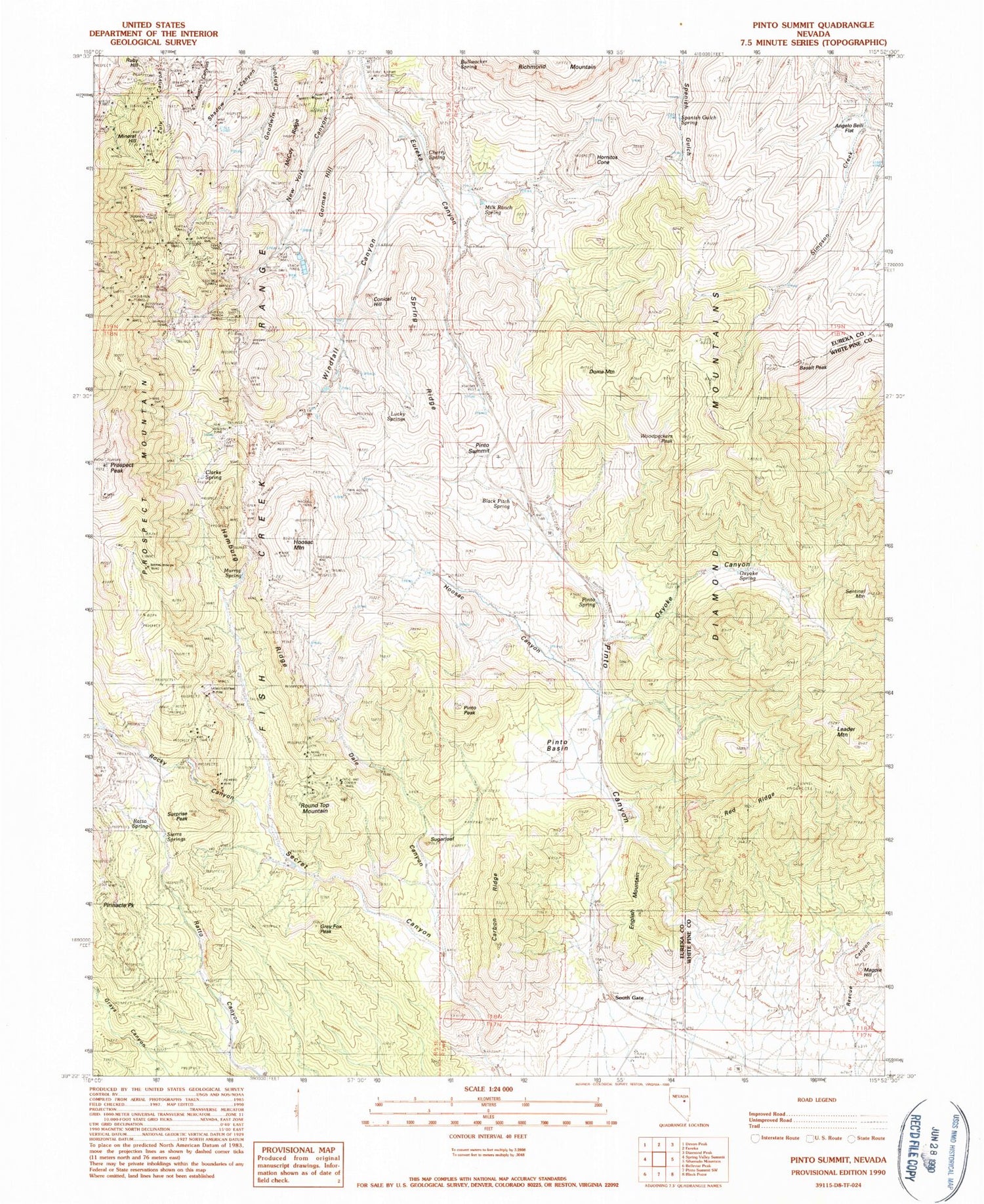 Classic USGS Pinto Summit Nevada 7.5'x7.5' Topo Map Image