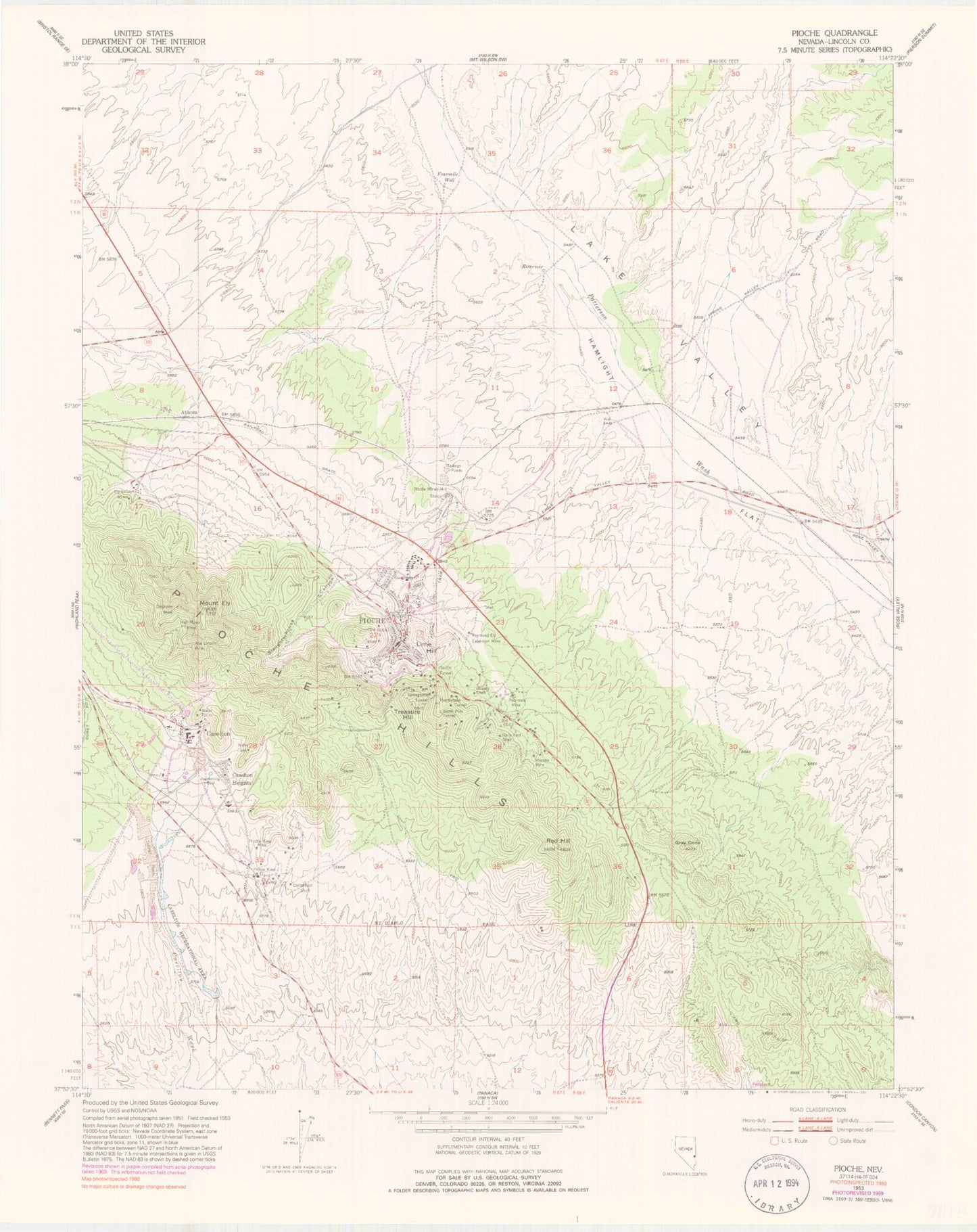 Classic USGS Pioche Nevada 7.5'x7.5' Topo Map Image