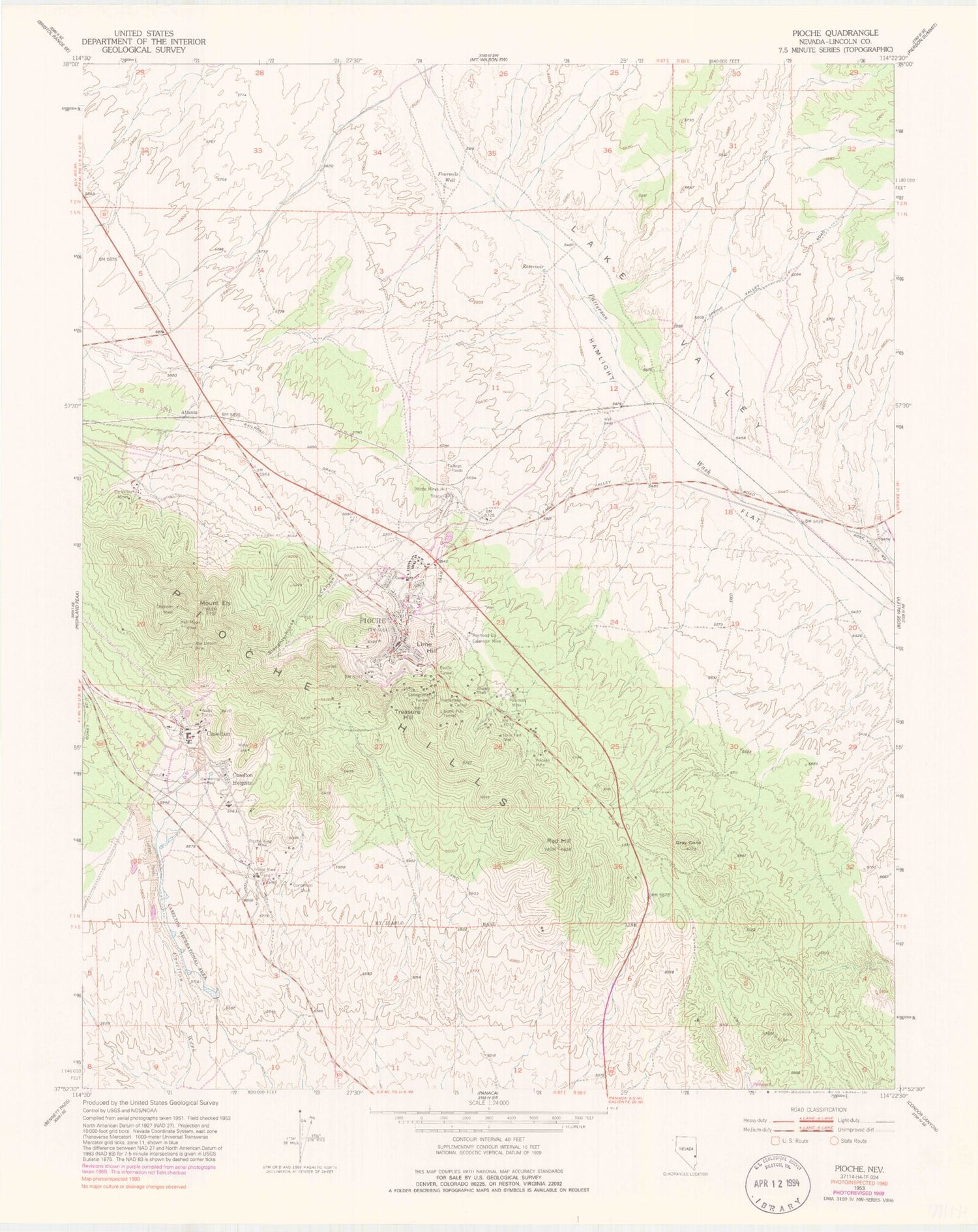 Classic USGS Pioche Nevada 7.5'x7.5' Topo Map Image