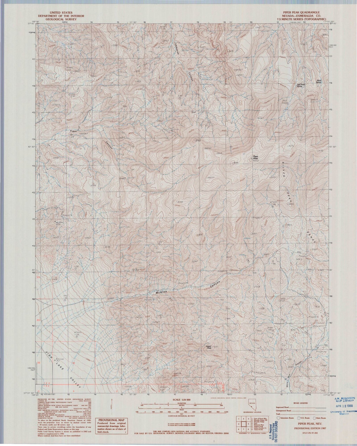 Classic USGS Piper Peak Nevada 7.5'x7.5' Topo Map Image