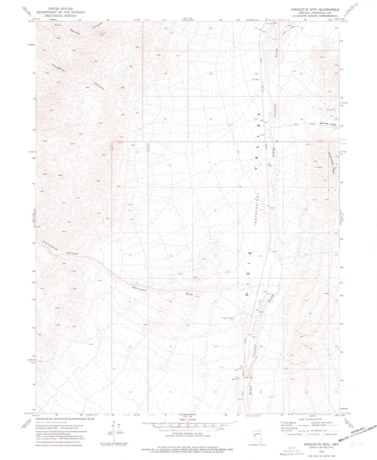 Classic USGS Pirouette Mountain Nevada 7.5'x7.5' Topo Map Image
