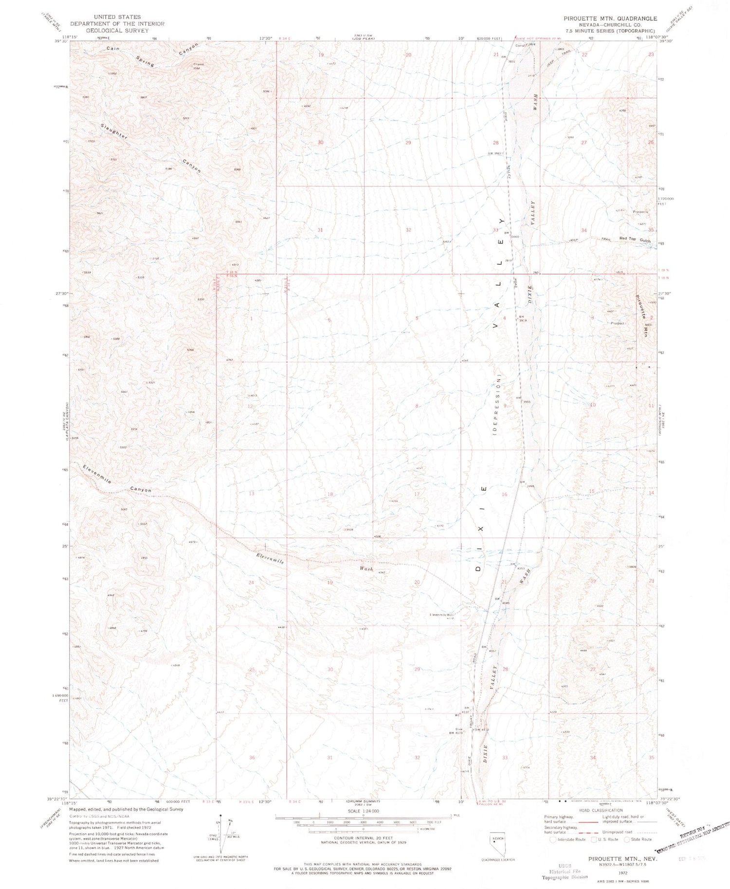 Classic USGS Pirouette Mountain Nevada 7.5'x7.5' Topo Map Image