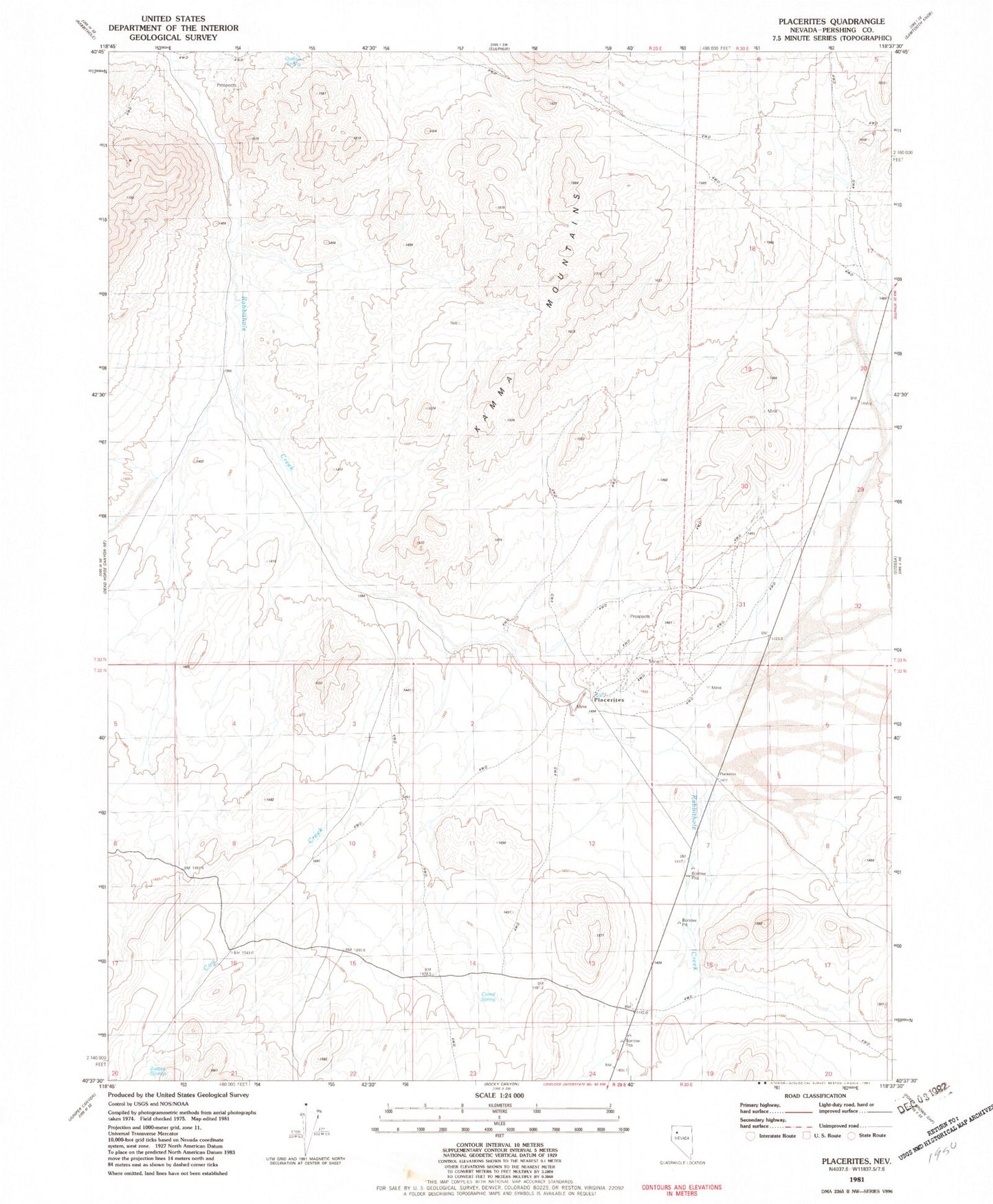 Classic USGS Placerites Nevada 7.5'x7.5' Topo Map Image
