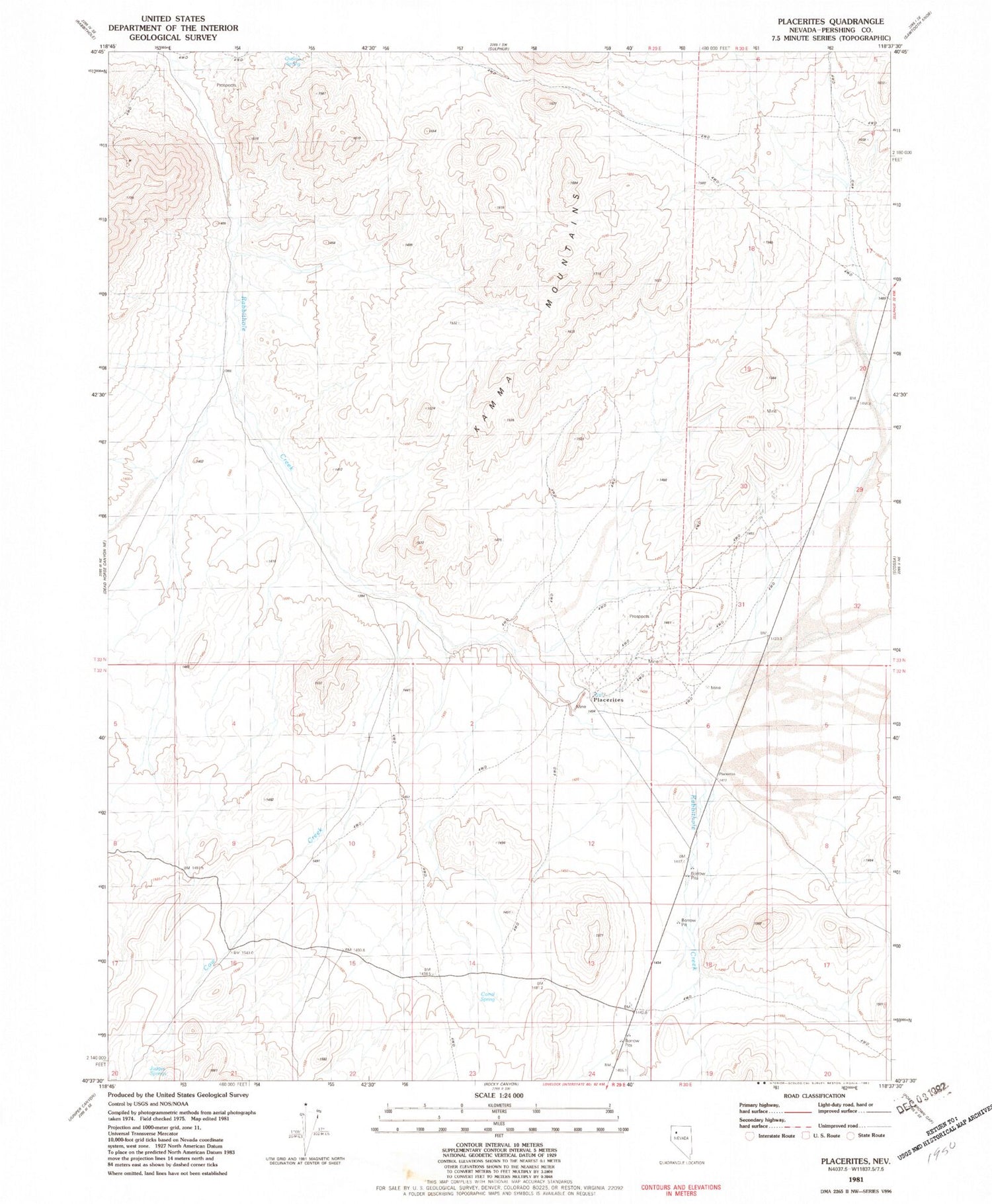 Classic USGS Placerites Nevada 7.5'x7.5' Topo Map Image