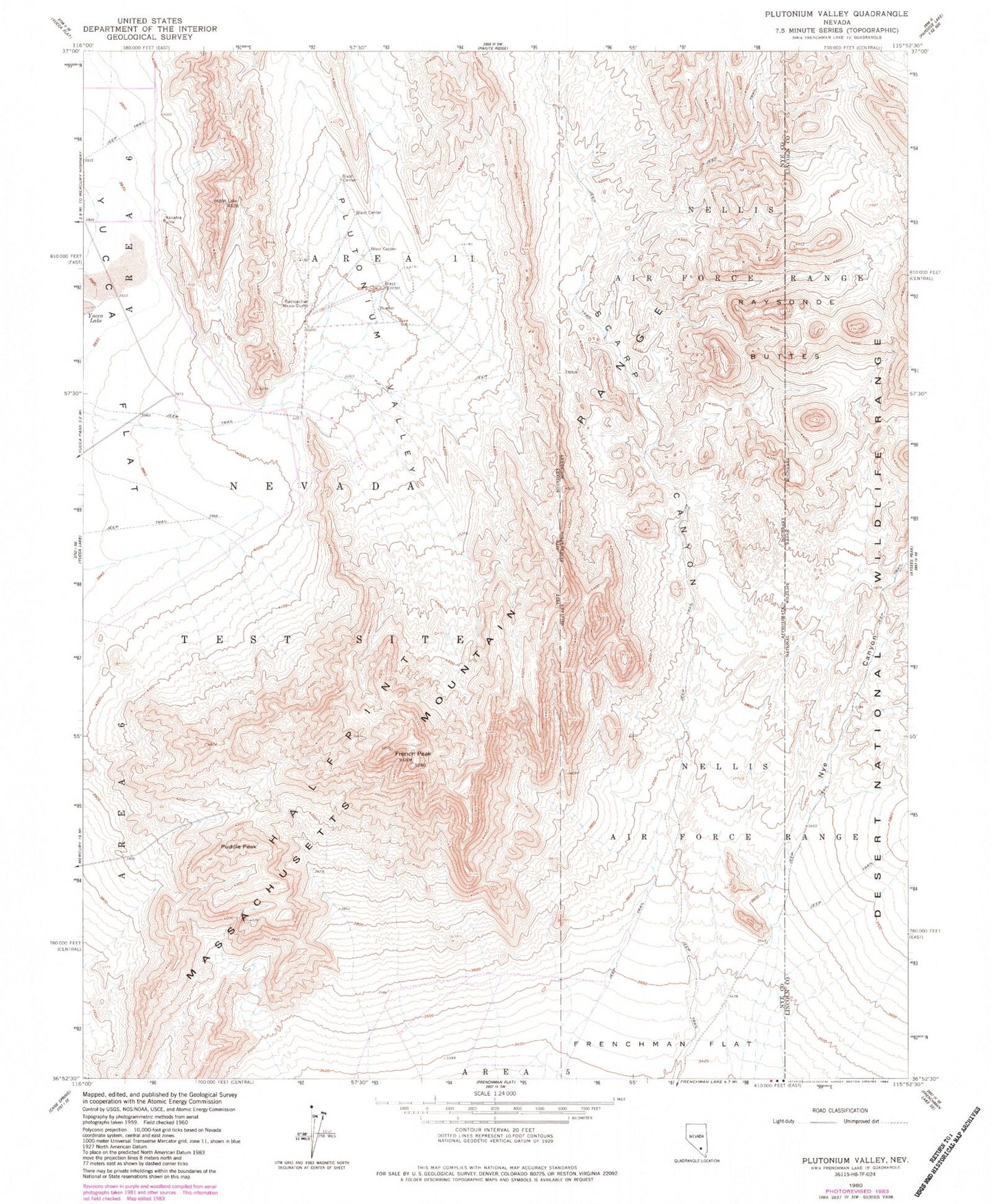 Classic USGS Plutonium Valley Nevada 7.5'x7.5' Topo Map Image