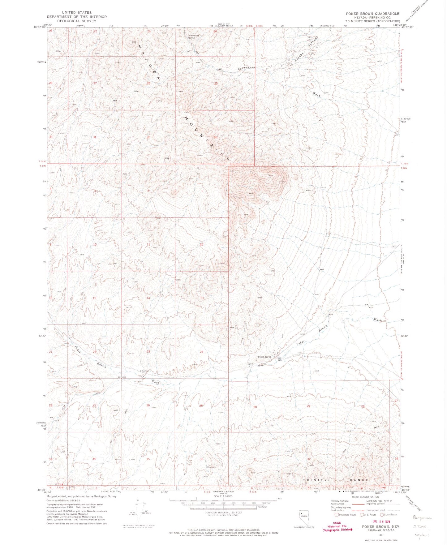 Classic USGS Poker Brown Nevada 7.5'x7.5' Topo Map Image