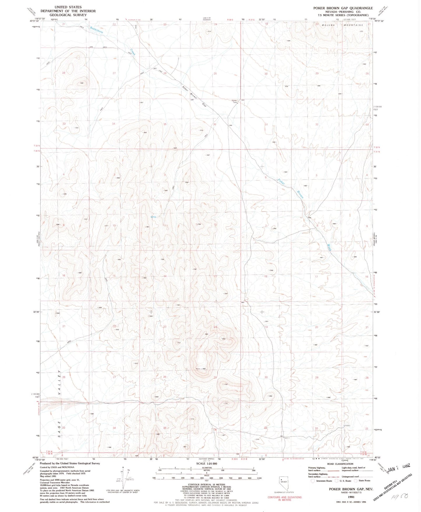 Classic USGS Poker Brown Gap Nevada 7.5'x7.5' Topo Map Image