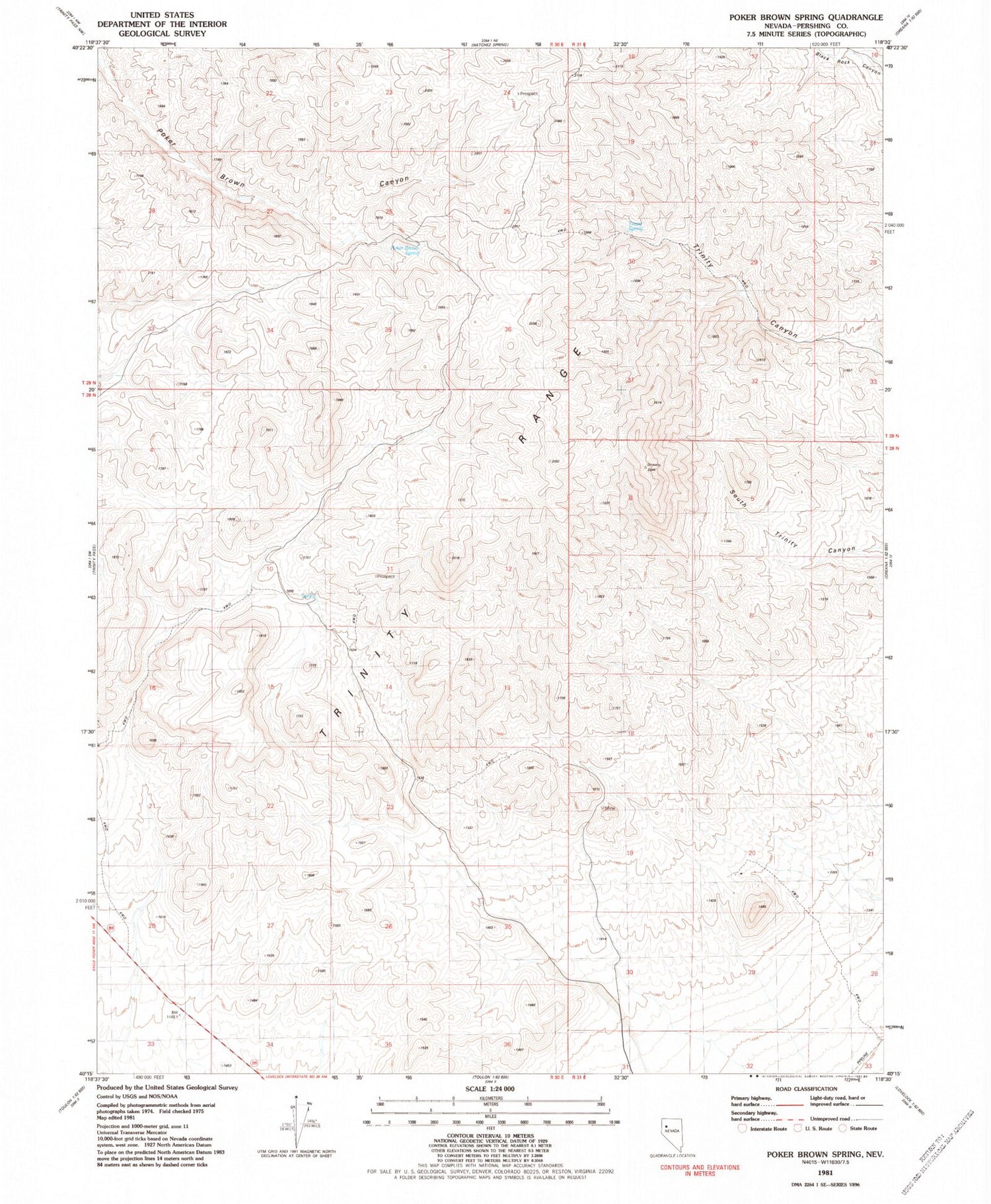 Classic USGS Poker Brown Spring Nevada 7.5'x7.5' Topo Map Image
