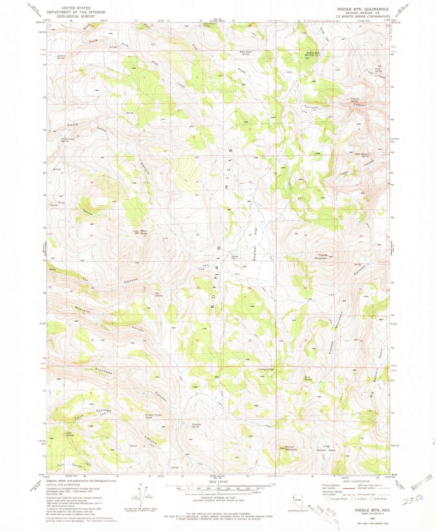 Classic USGS Poodle Mountain Nevada 7.5'x7.5' Topo Map Image