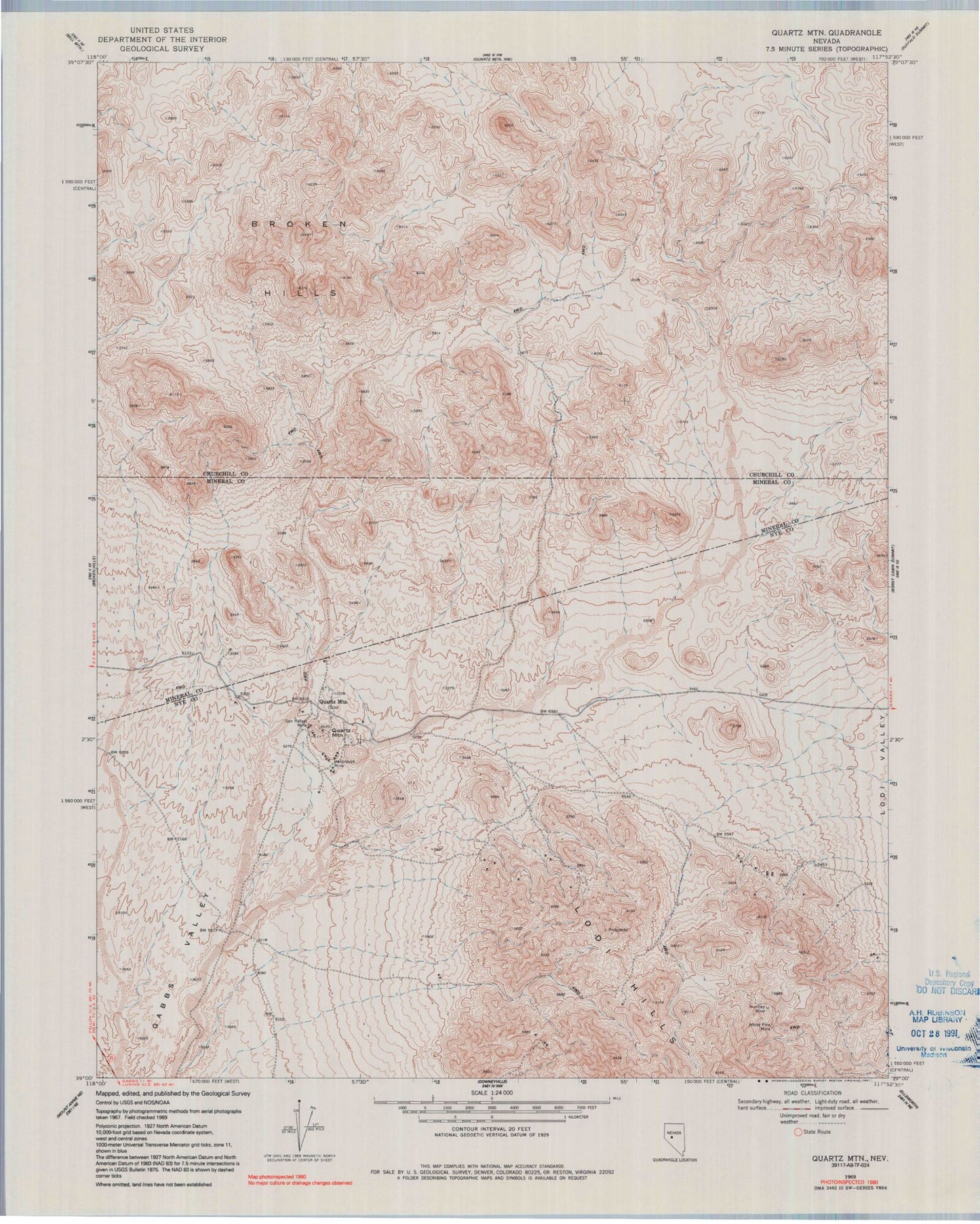 Classic USGS Quartz Mountain Nevada 7.5'x7.5' Topo Map Image