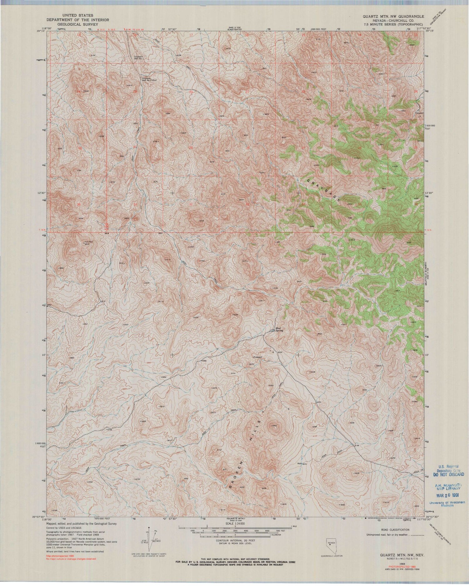 Classic USGS Quartz Mountain NW Nevada 7.5'x7.5' Topo Map Image