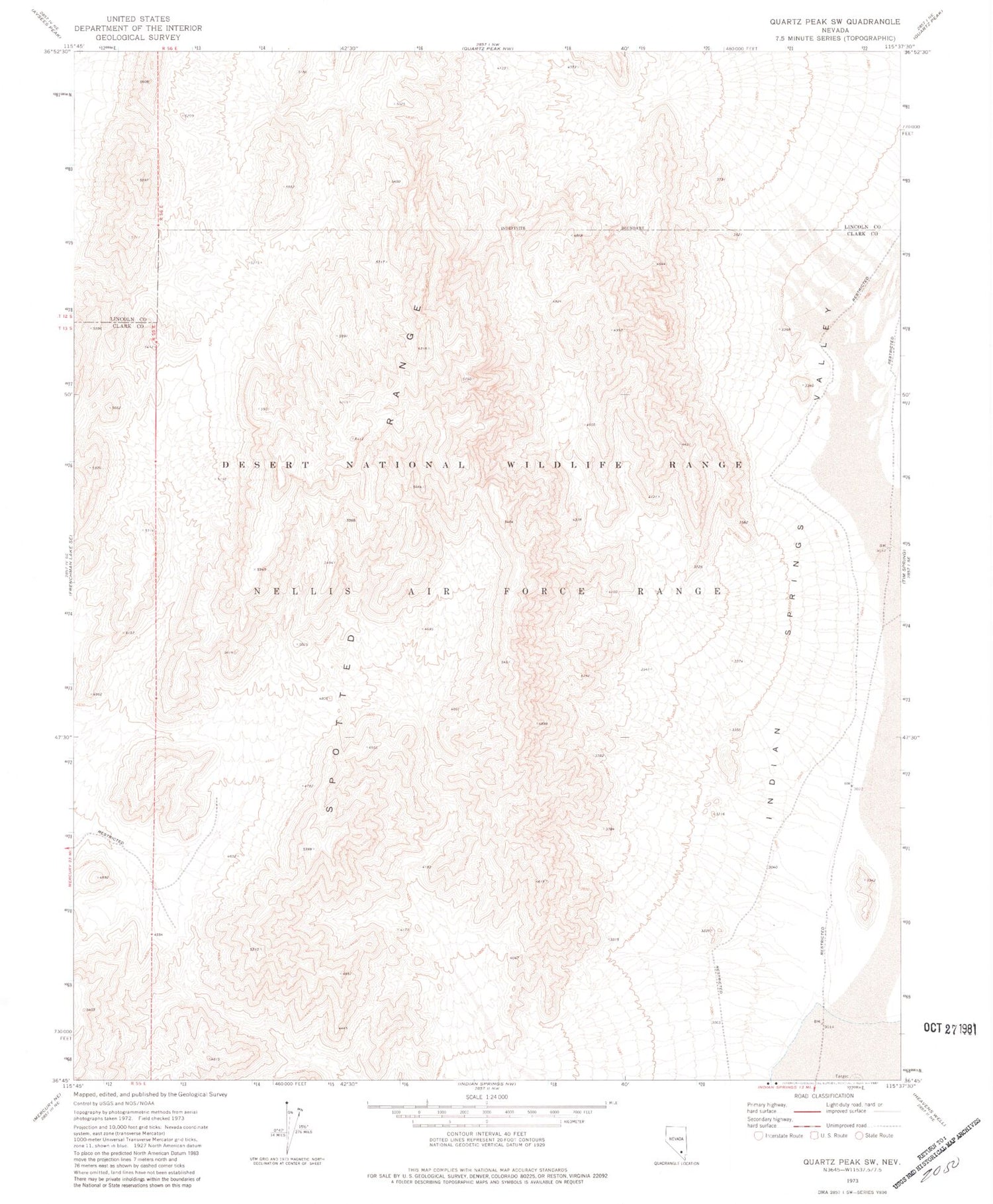 Classic USGS Quartz Peak SW Nevada 7.5'x7.5' Topo Map Image