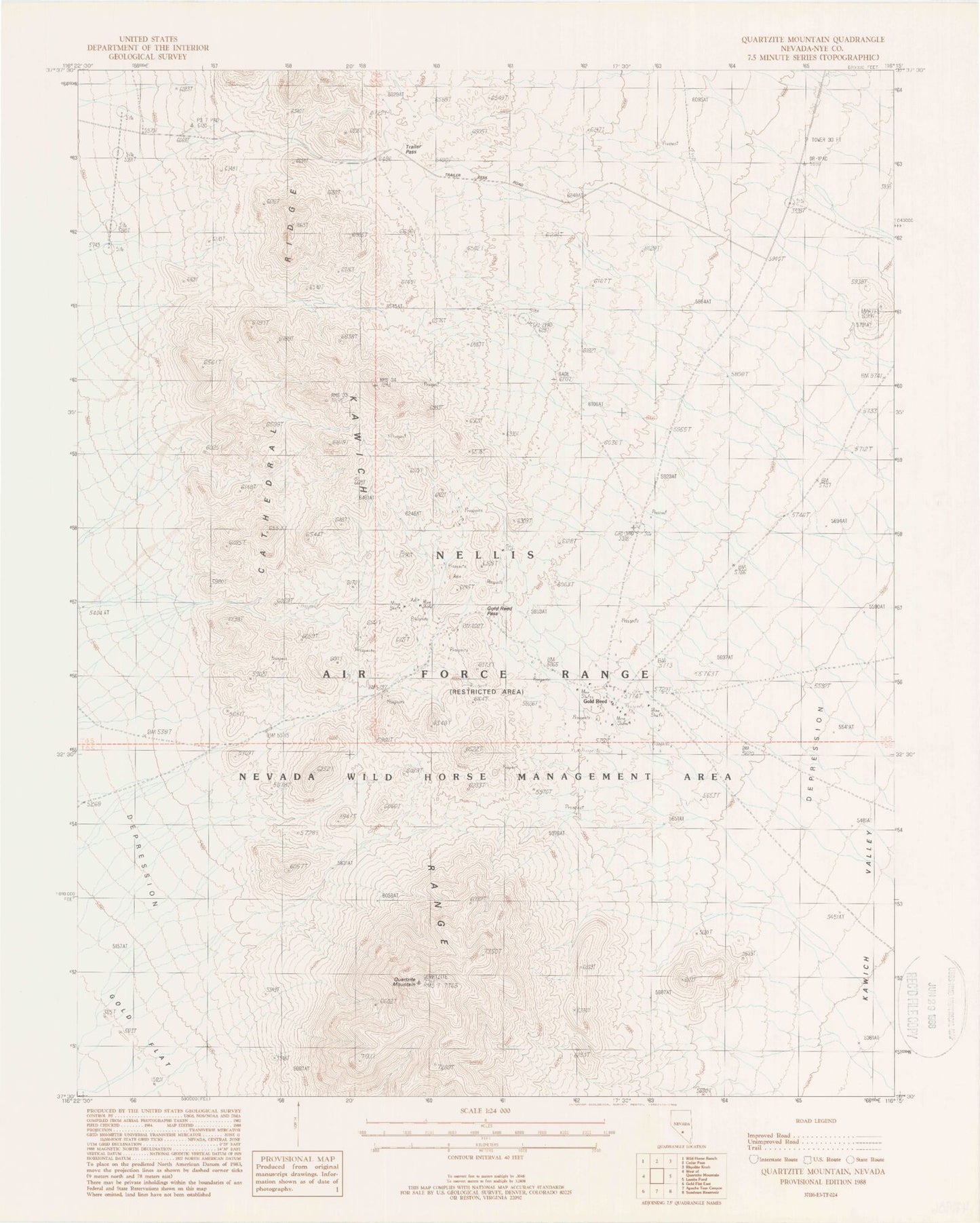 Classic USGS Quartzite Mountain Nevada 7.5'x7.5' Topo Map Image