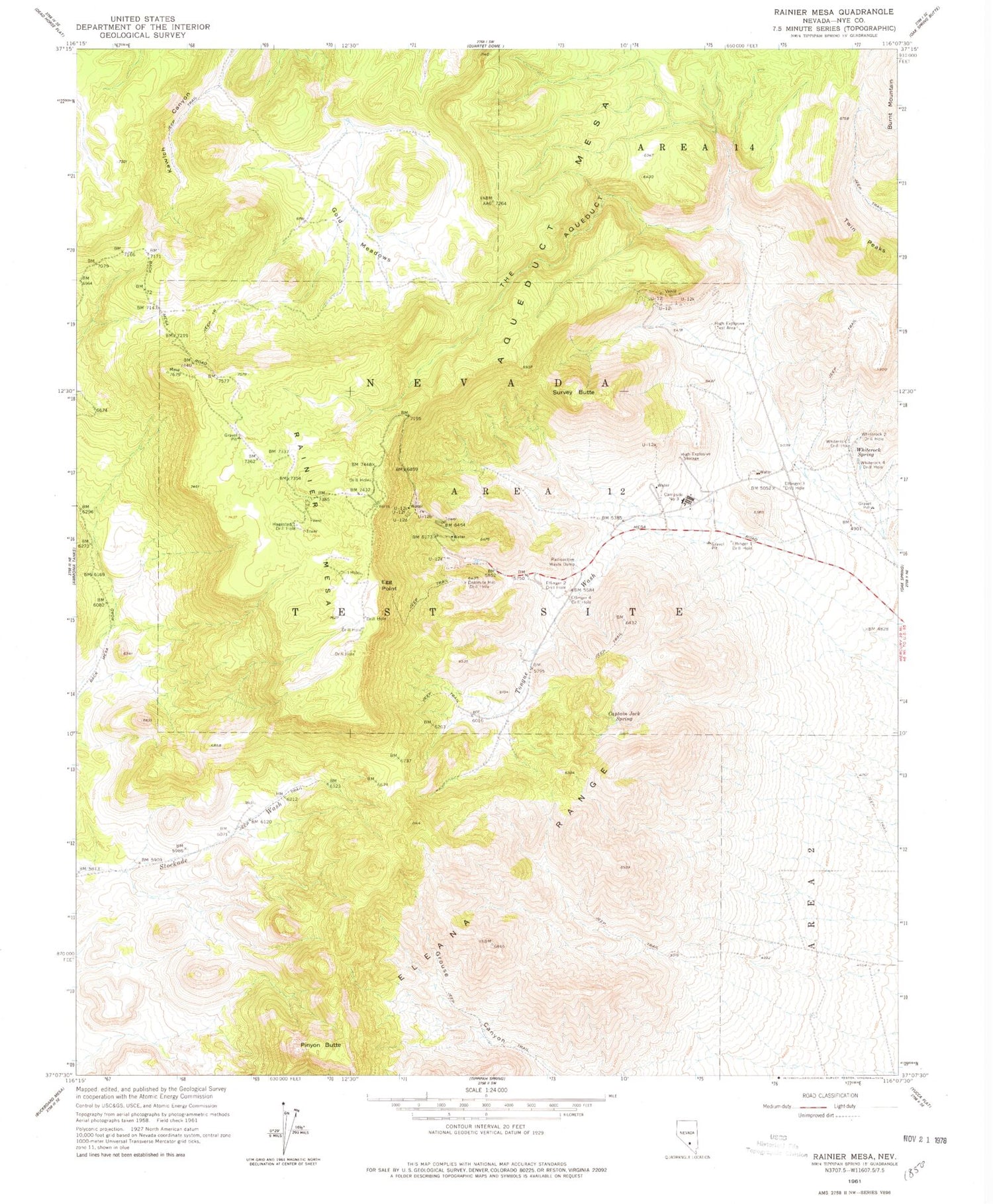 Classic USGS Rainier Mesa Nevada 7.5'x7.5' Topo Map Image